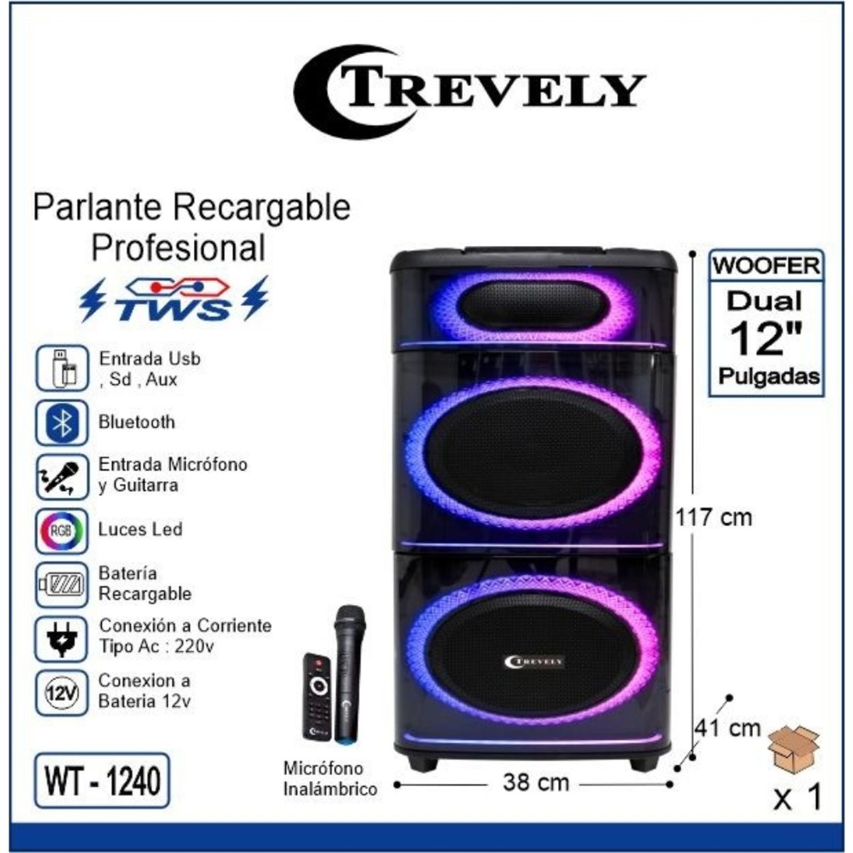 TREVELY - Parlante dual 12 TREVELY WT-1240 500W + karaoke