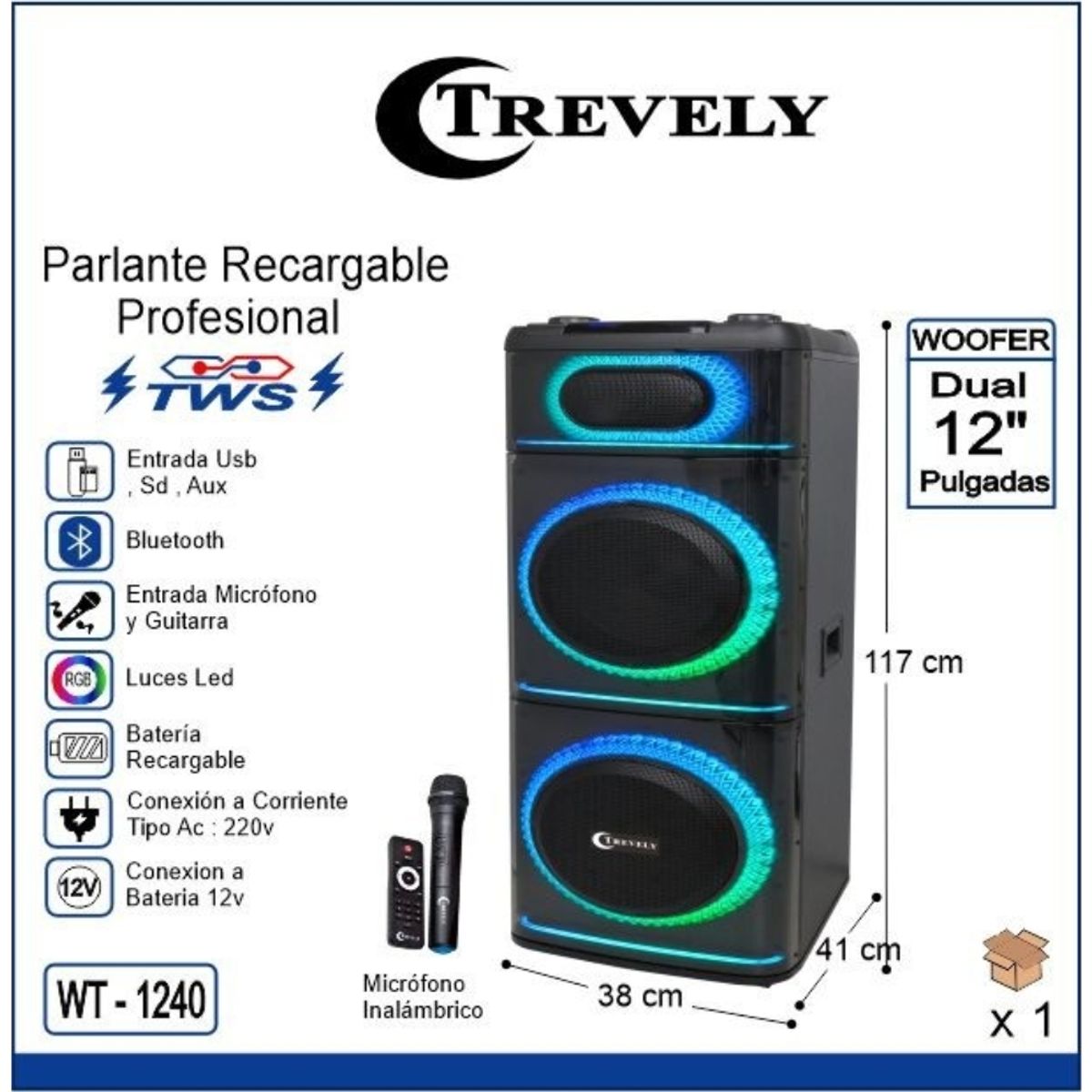 TREVELY - Parlante dual 12 TREVELY WT-1240 500W + karaoke