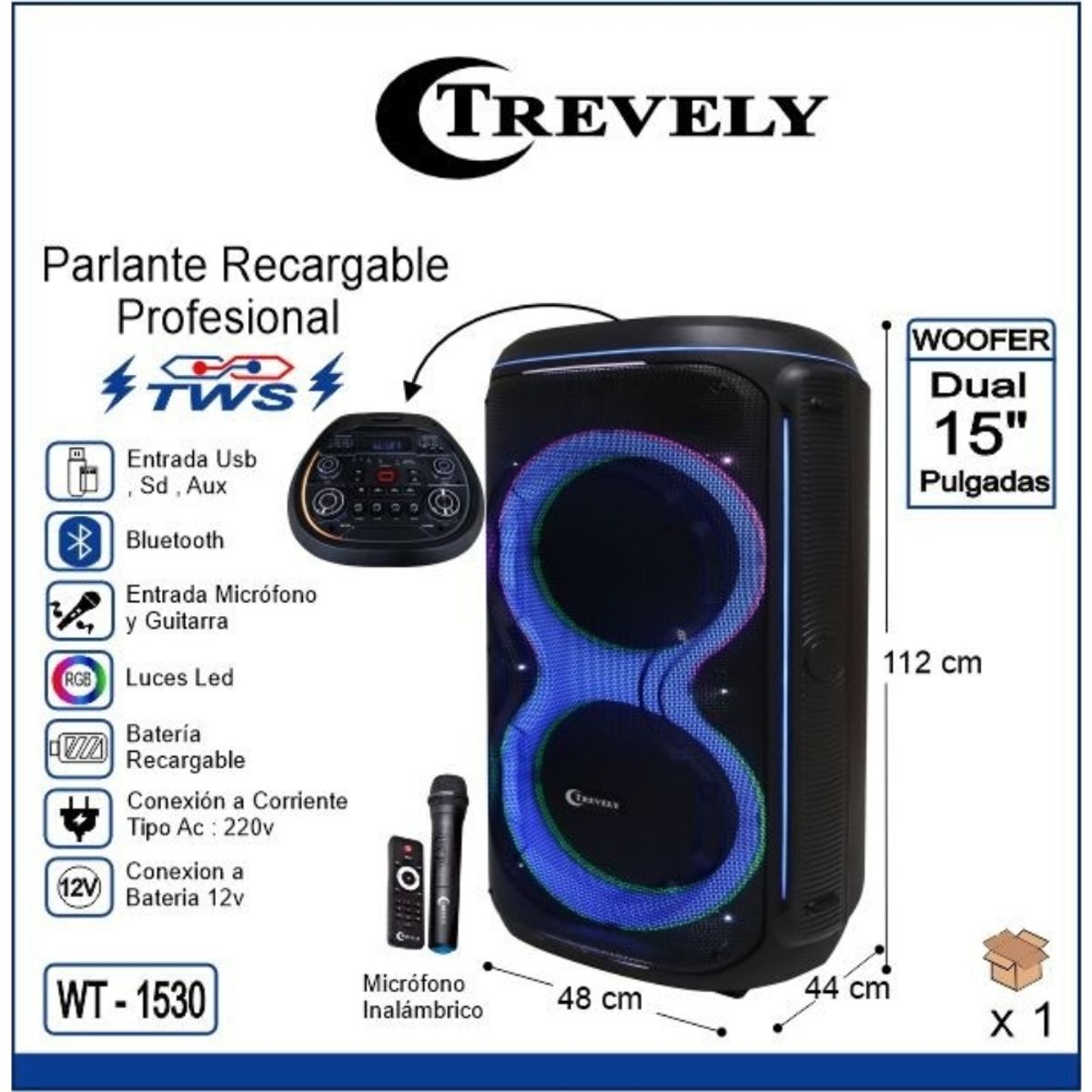 TREVELY - Parlante dual 15 TREVELY WT-1530 900W +  karaoke