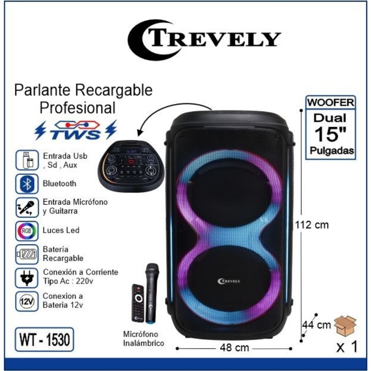 TREVELY - Parlante dual 15 TREVELY WT-1530 900W +  karaoke