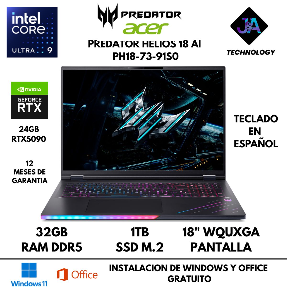 ACER - LAPTOP ACER PREDATOR HELIOS 18 AI ULTRA 9 275HX 32GB RAM 1TB SSD 24GB RTX5090 18" WQUXGA FREEDOS
