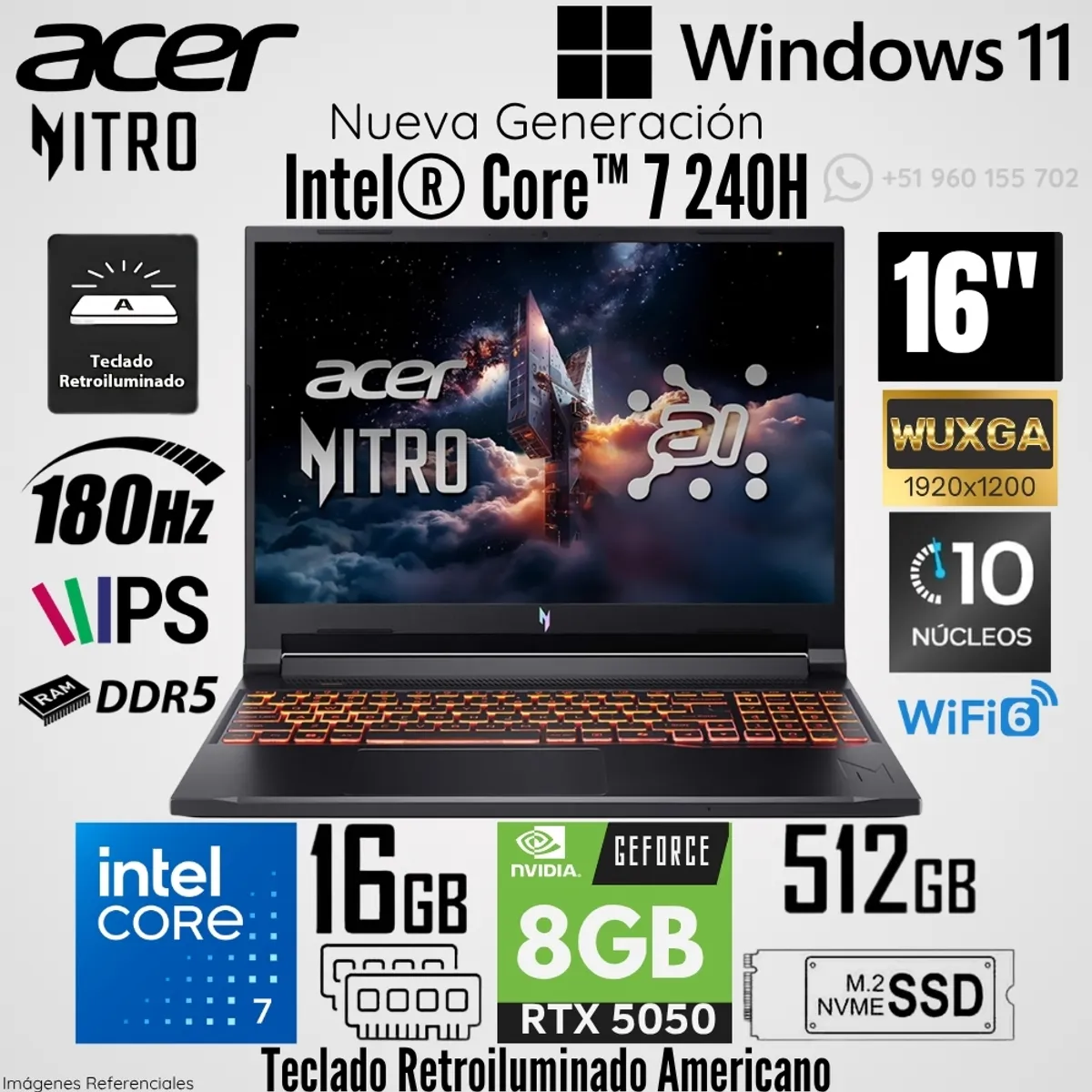 ACER - Laptop Acer Nitro V16 ANV16-72 Intel Core 7 240H 16GB RAM 512GB SSD RTX 5050-8GB 16"  WUXGA 180 Hz