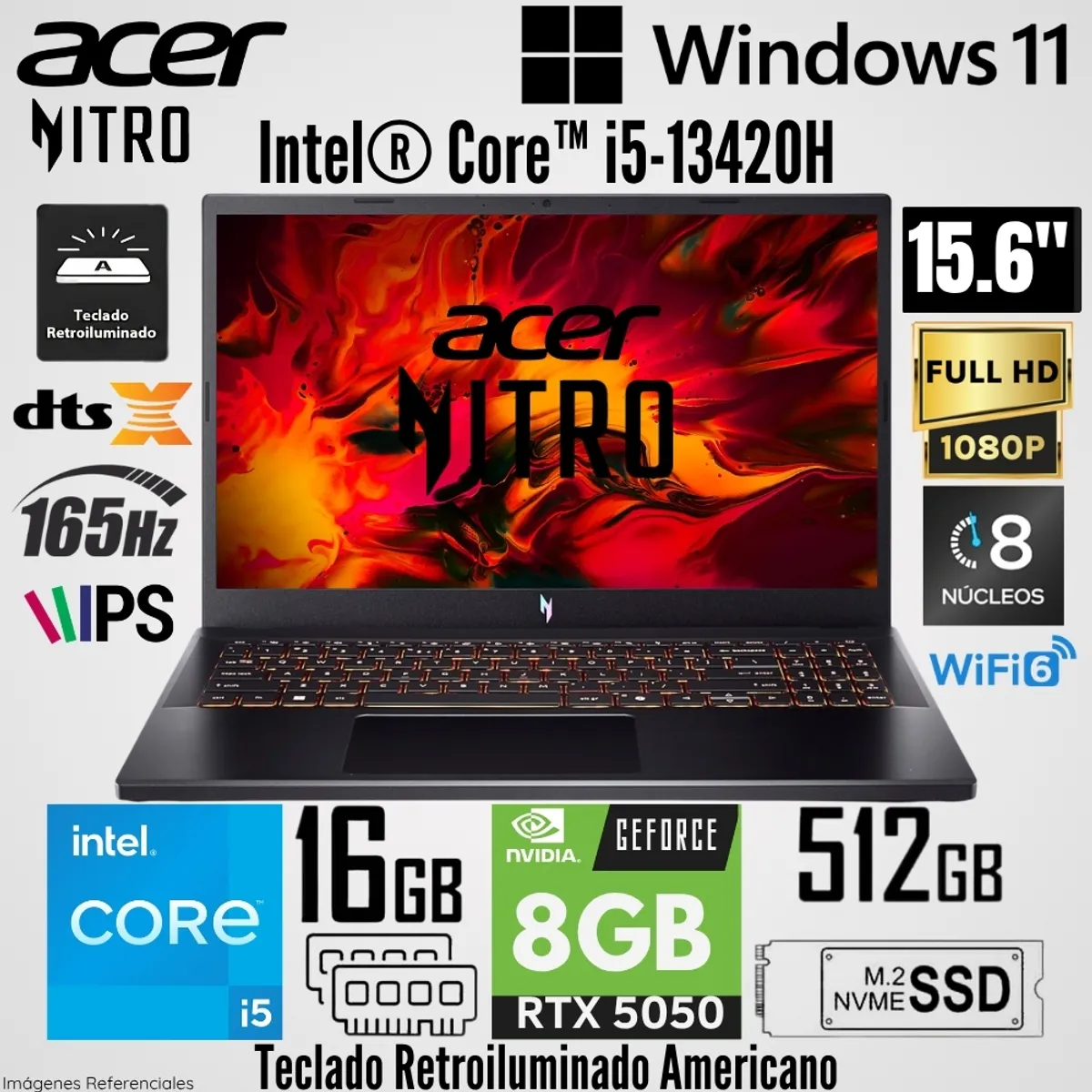 ACER - Laptop Acer Nitro V15 ANV15-52-57BB Intel Core i5-13420H 16GB RAM 512GB SSD RTX 5050-8GB 15.6"  FHD