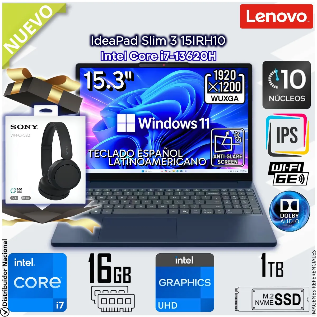 LENOVO - Laptop Lenovo Ideapad Slim 3 15IRH10 Intel Core i7-13620H 16GB RAM 1TB SSD 15.3" WUXGA - 83K100NALM