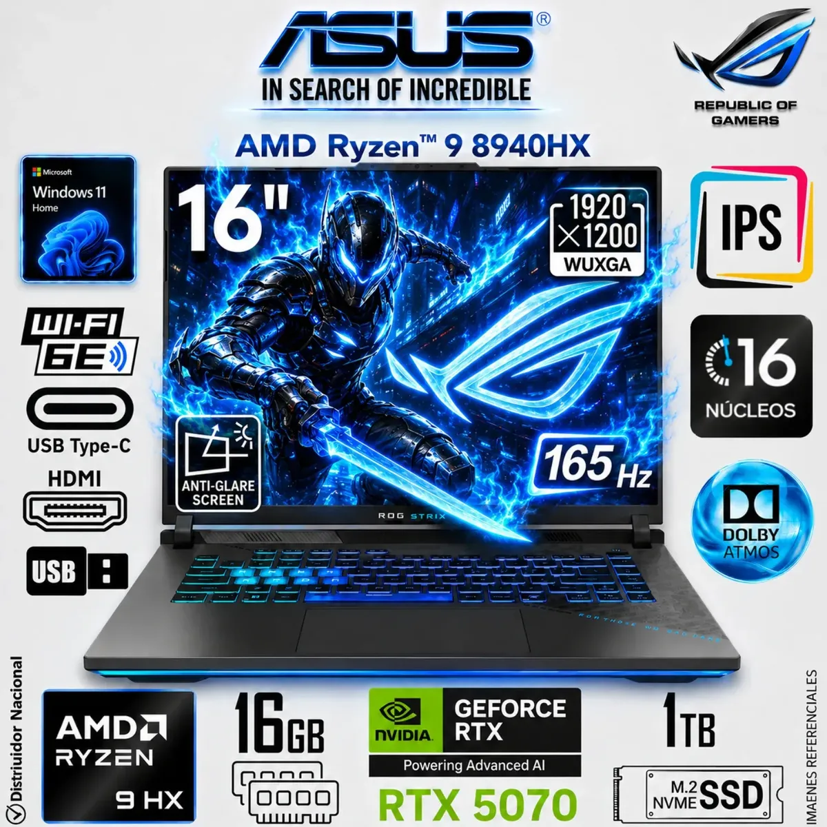 ASUS - Laptop Asus ROG STRIX G16 G614PP AMD Ryzen 9 8940HX 16GB 1TB  RTX 5070-8GB 16" WUXGA 165 HzG614P-WH94