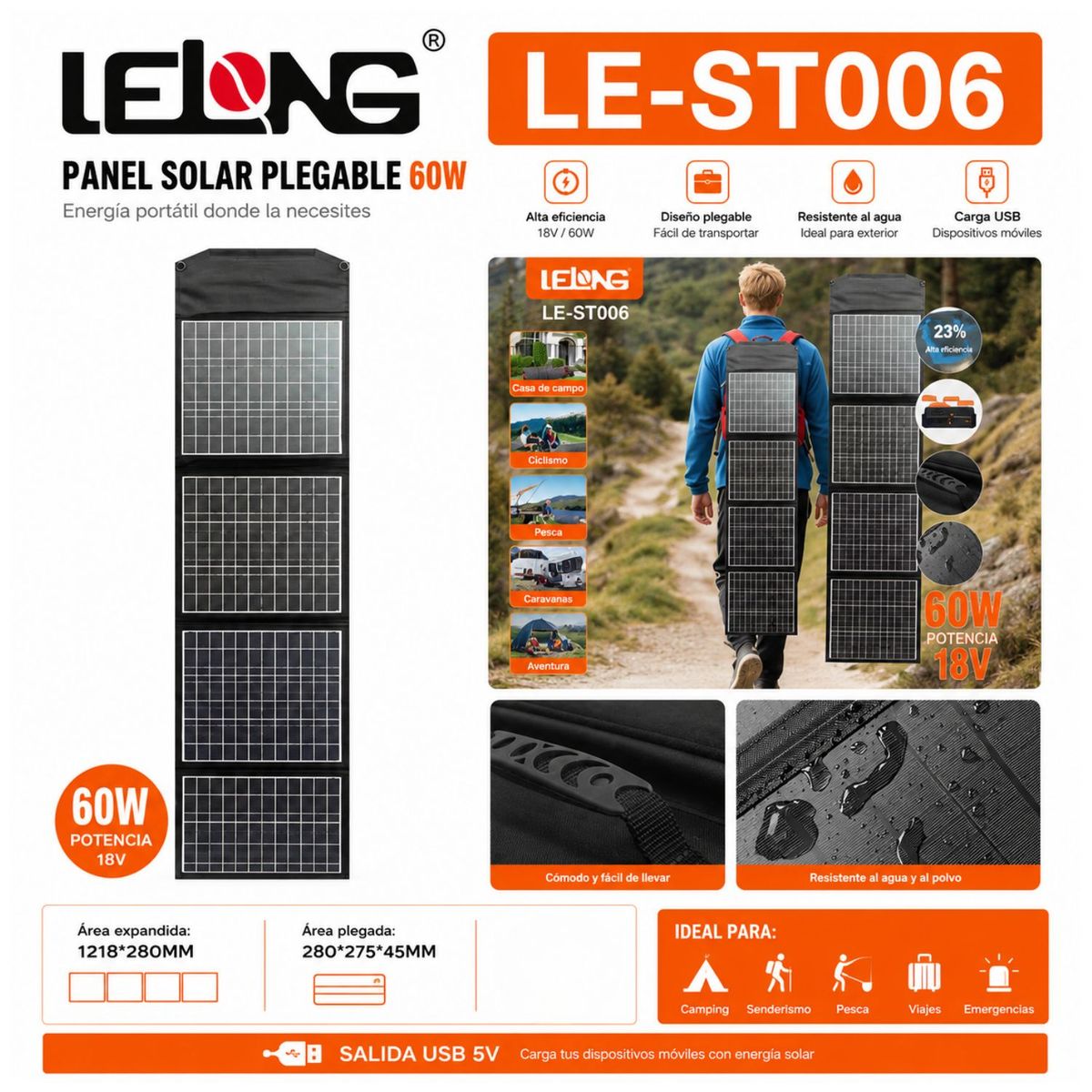 OEM - Panel Solar Plegable 60W 18V Con USB Para Camping
