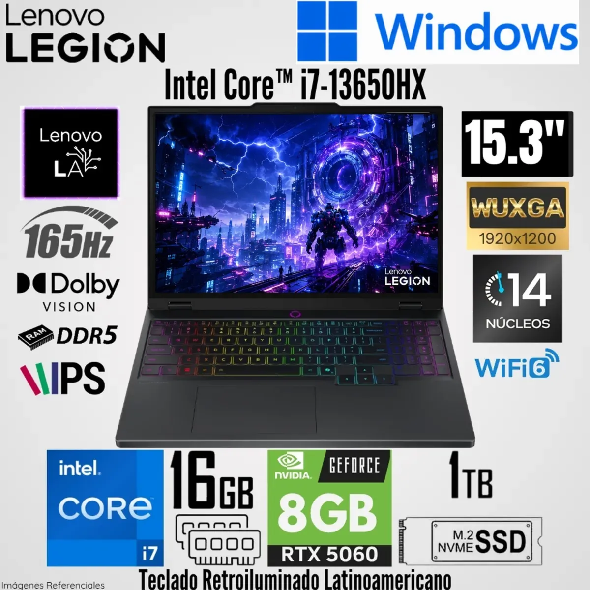LENOVO - Laptop Lenovo Legion 5 15IRX10 Intel Core i7-13650HX 16GB RAM 1TB  RTX 5060-8GB 15.3"   83LY00SRLM