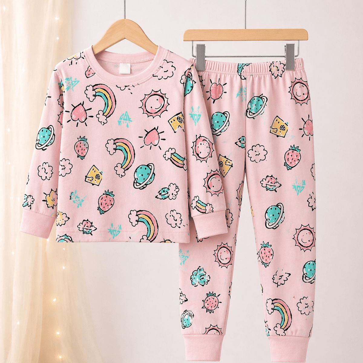 GENERICO - Conjunto de Pijama para Dormir para Niña de Arcoiris - Manga Larga de Algodon