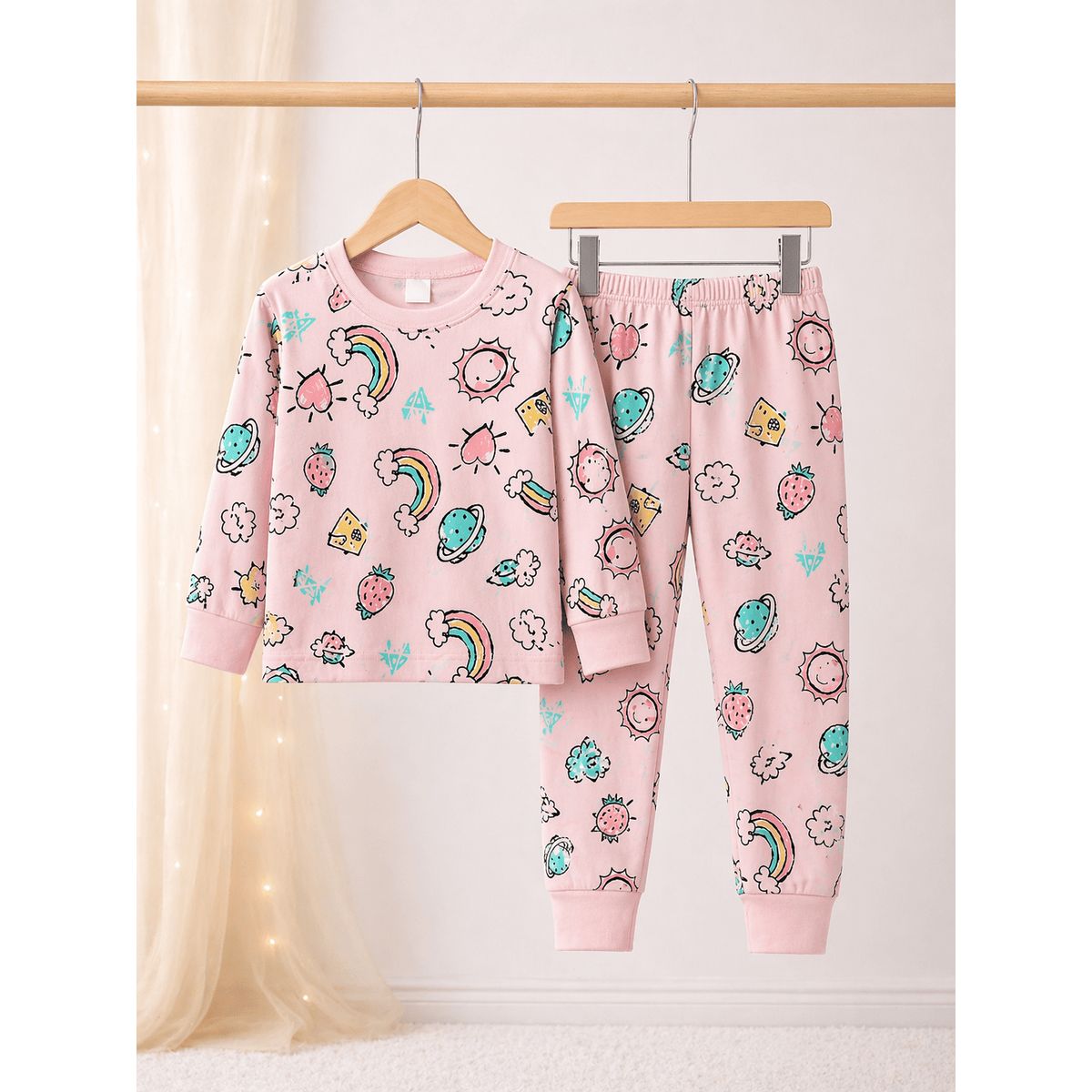GENERICO - Conjunto de Pijama para Dormir para Niña de Arcoiris - Manga Larga de Algodon