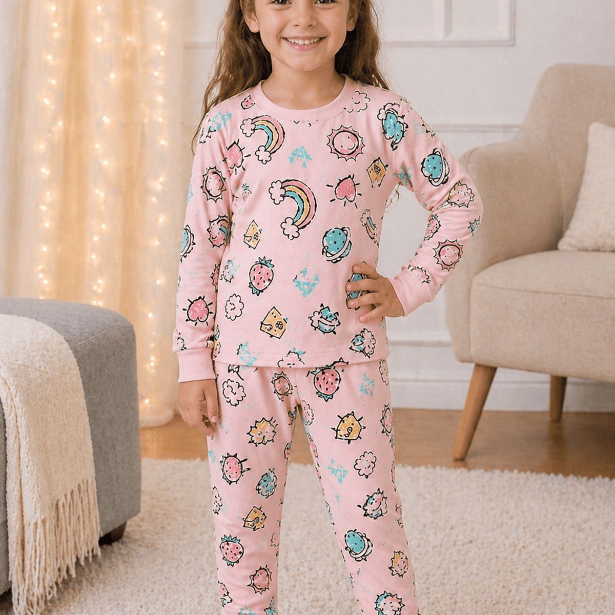 GENERICO - Conjunto de Pijama para Dormir para Niña de Arcoiris - Manga Larga de Algodon
