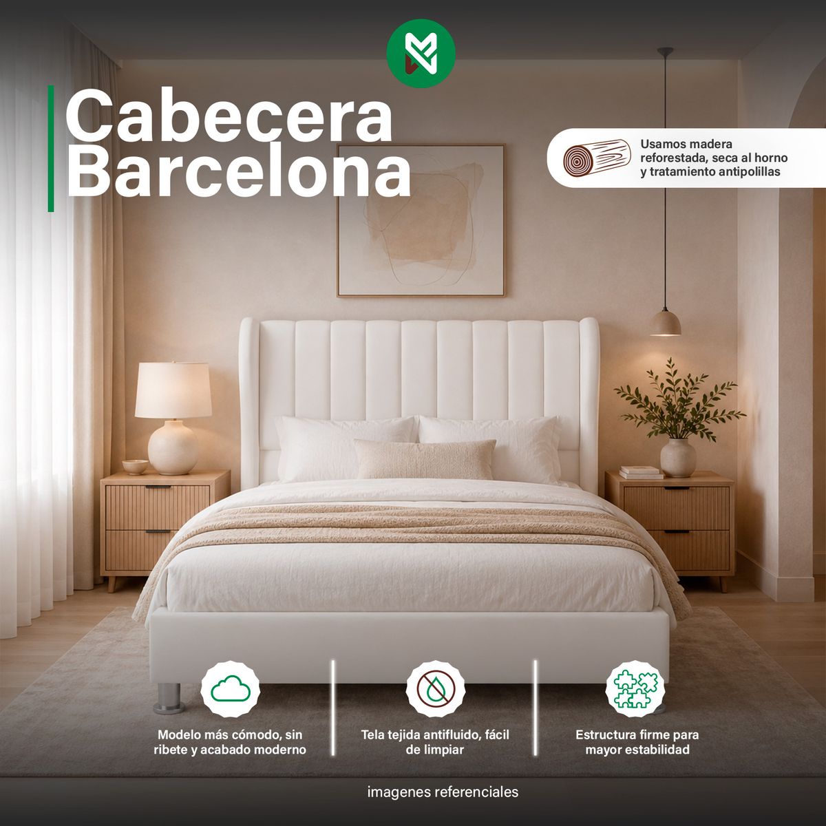 MUEBLES MACRUMO - Cama tapizada Barcelona en P - 1.5Plz- color Blanco Ivory