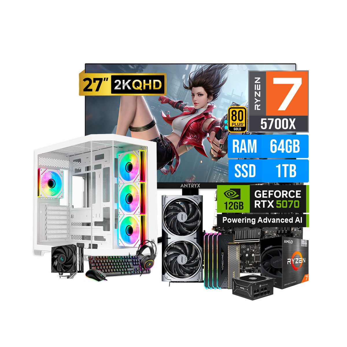 AMD - COMBO GAMER RYZEN 7 5700X 64GB 1TB SSD RTX 5070 12GB + MONITOR 27 QHD 200HZ