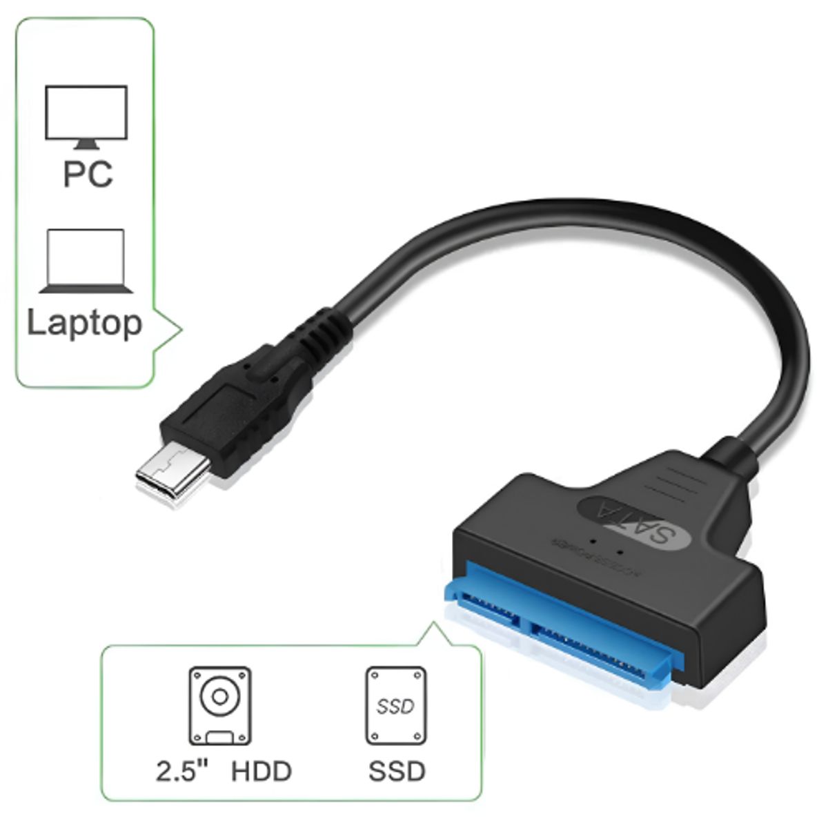 GENERICO - CABLE ADAPTADOR SATA 2.5 A USB TIPO C PARA HDD Y SSD 2.5 PULGADAS