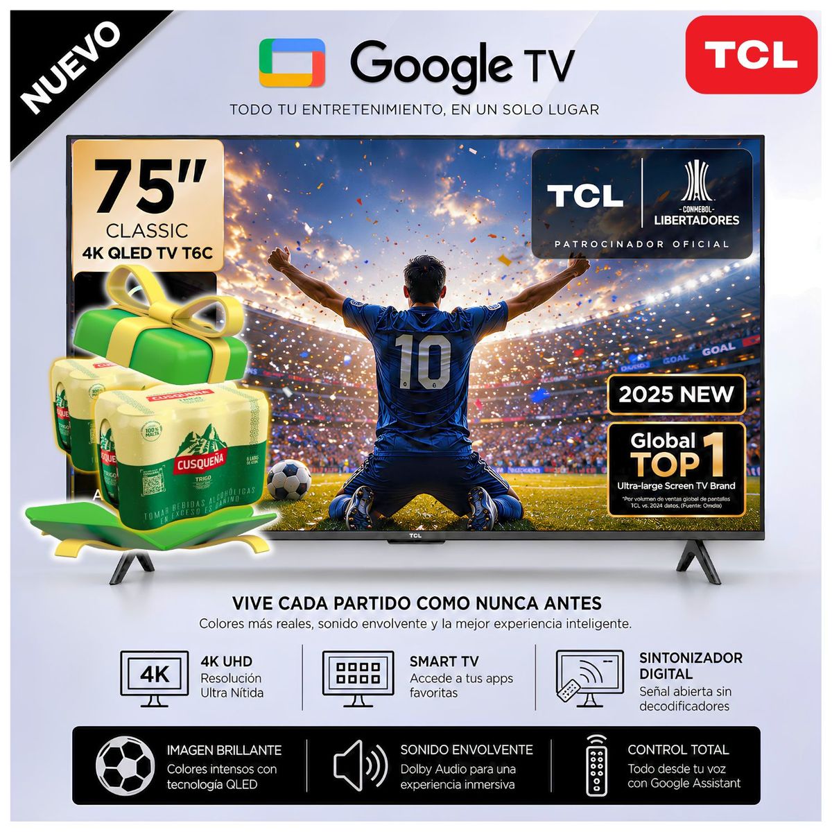 Televisor 75 Smart TV 4k, Google TV Uhd Qled 75T6C  - 75T6C+ SIXPACK Cuzqueña Trigo 473ml, marca TCL - Foto Principal