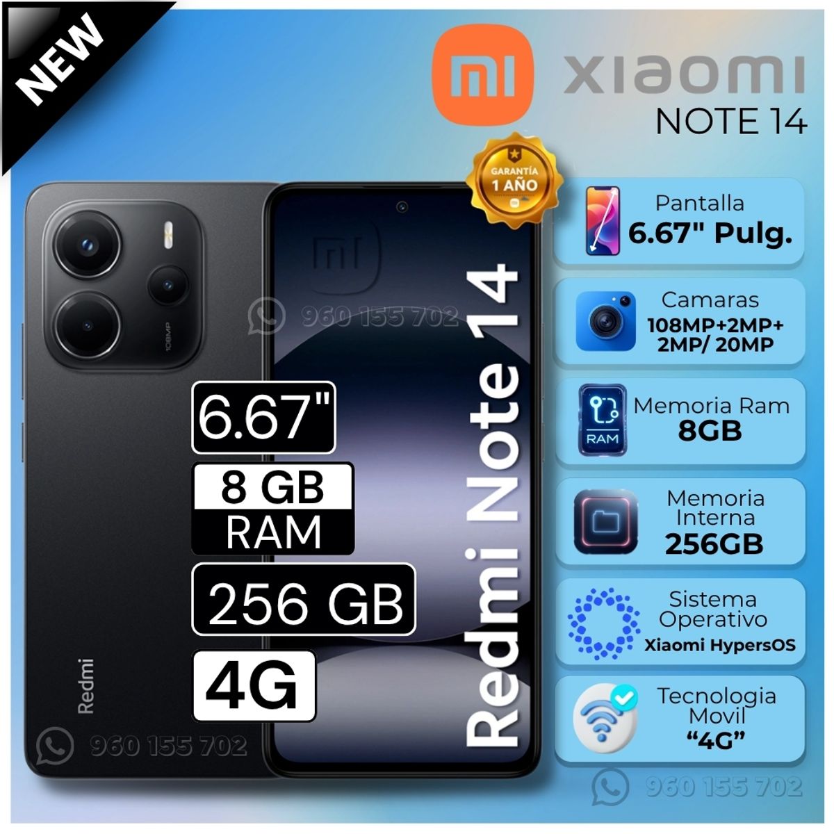 XIAOMI - Celular Xiaomi Redmi Note 14 8GB RAM 256GB 6.67"  Pulg. Xiaomi HyperOS -  Midnight Black