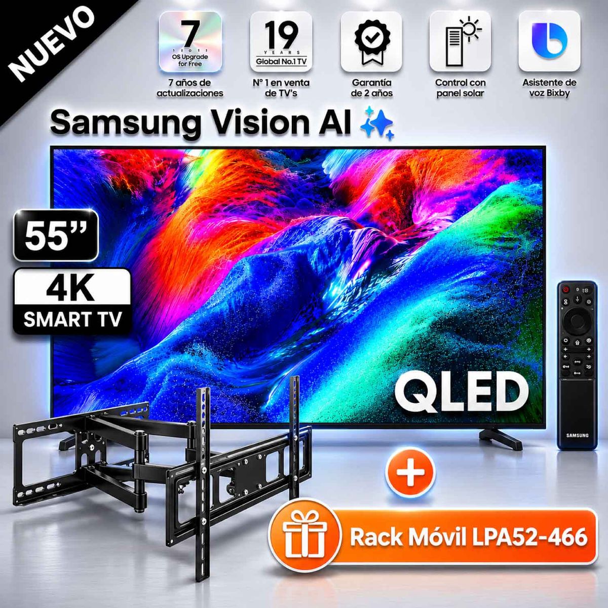 SAMSUNG - Televisor Samsung 55 QLED Smart UHD 4K Vision Ai QN55Q7FAAGXPE + Rack Móvil
