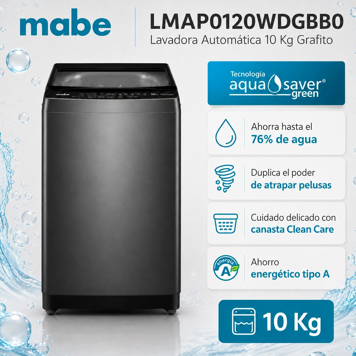 Mabe - Lavadora Automática 10 Kg Diamond Gray Mabe LMAP0120WDGBB0