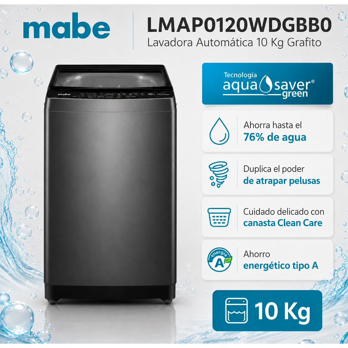 Mabe - Lavadora Automática 10 Kg Diamond Gray Mabe LMAP0120WDGBB0