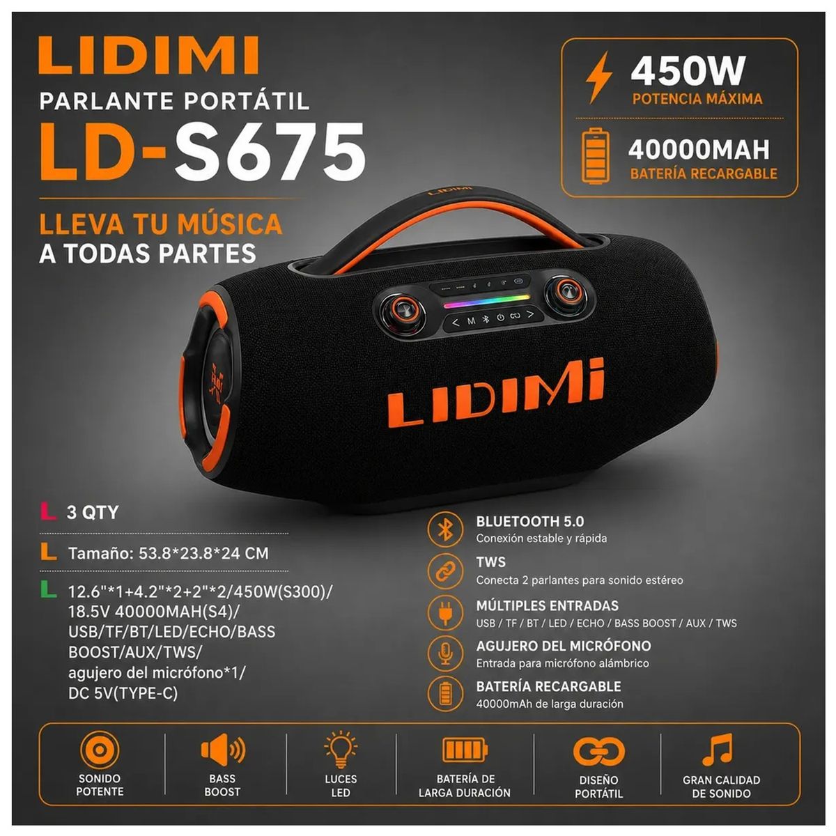LIDIMI - Parlante Bluetooth Lidimi Super 450W LD-S675 USB Aux TF 220V