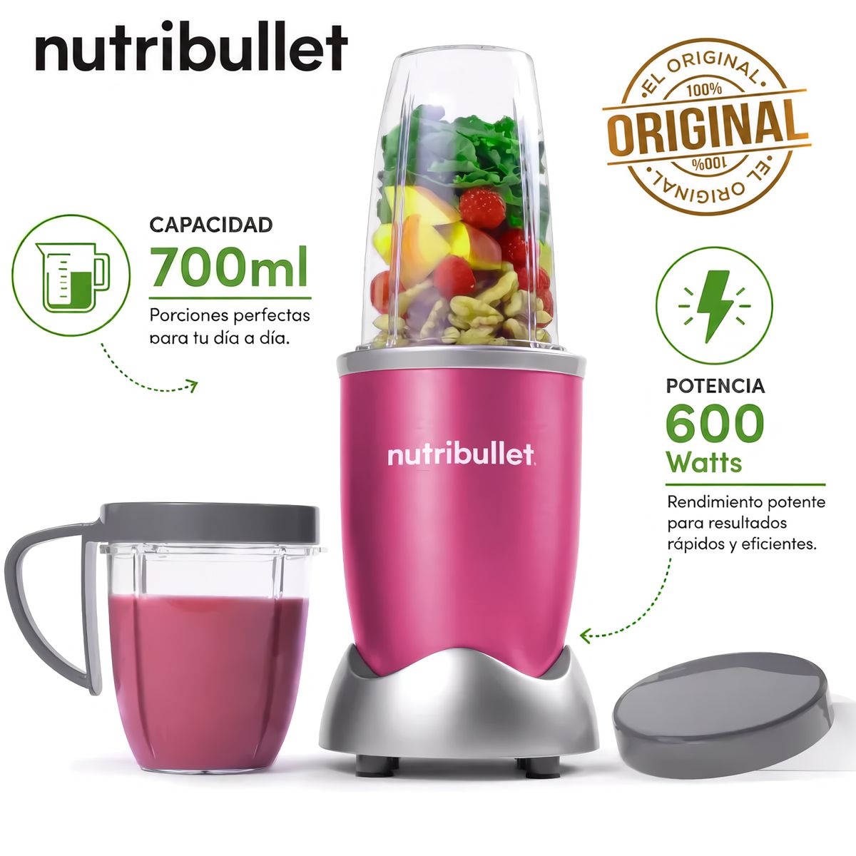 QUALITY PRODUCTS - Licuadora Portátil Nutribullet 600 para Smoothies y Batidos 700ml Fucsia