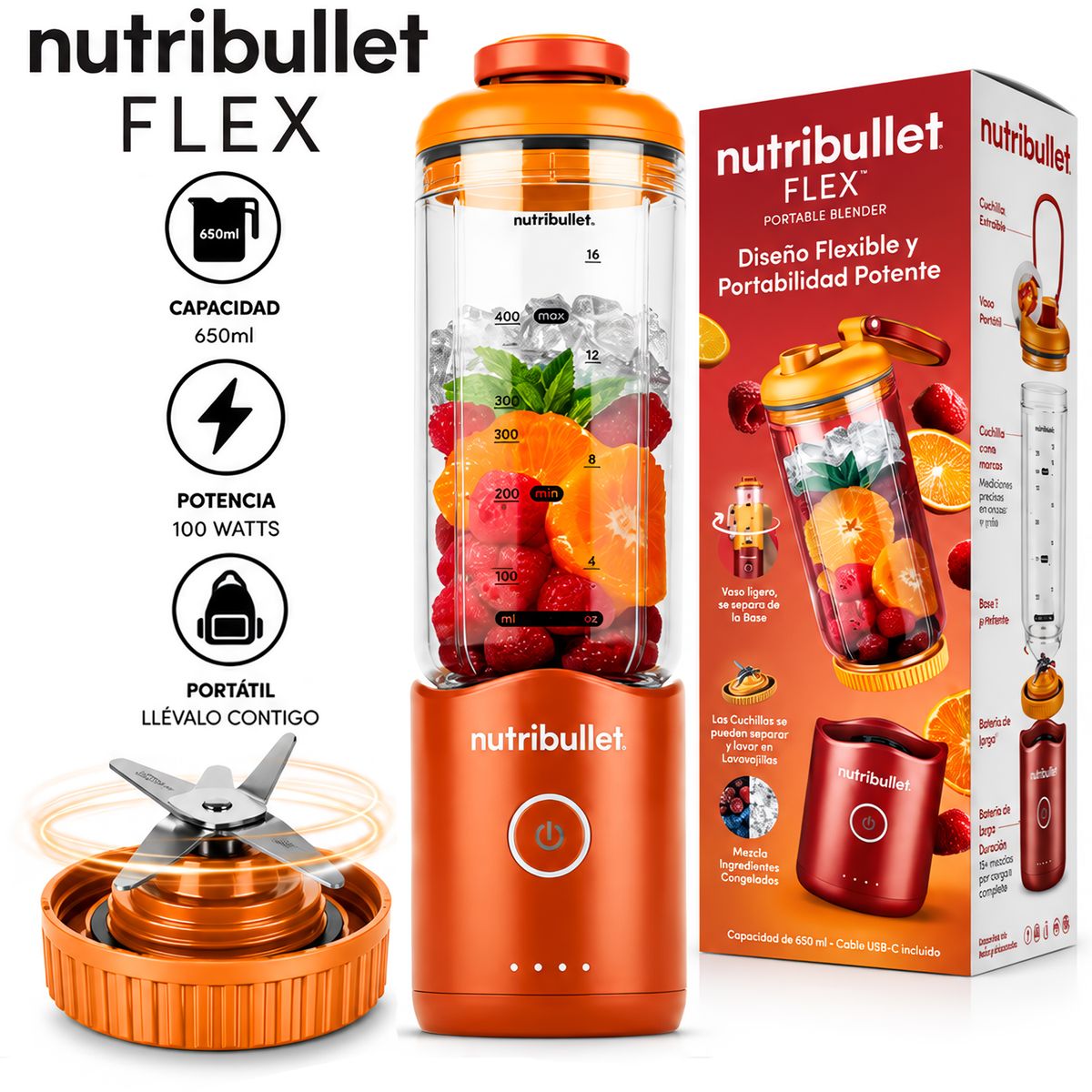 QUALITY PRODUCTS - Licuadora Portátil Nutribullet Flex 650 ml para Smoothies y Batidos Naranja