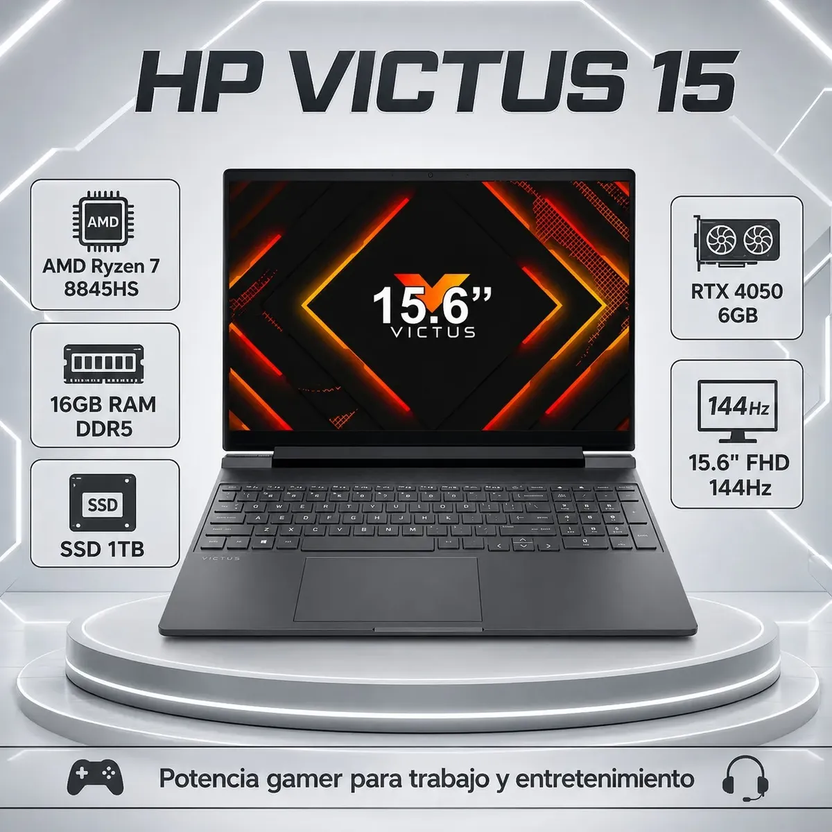 HP - Laptop HP Victus Gaming 15-fb3013la R7-8845HS 16GB RAM 1TB SSD RTX4050 6GB 15.6 FreeDOS Plata Mica
