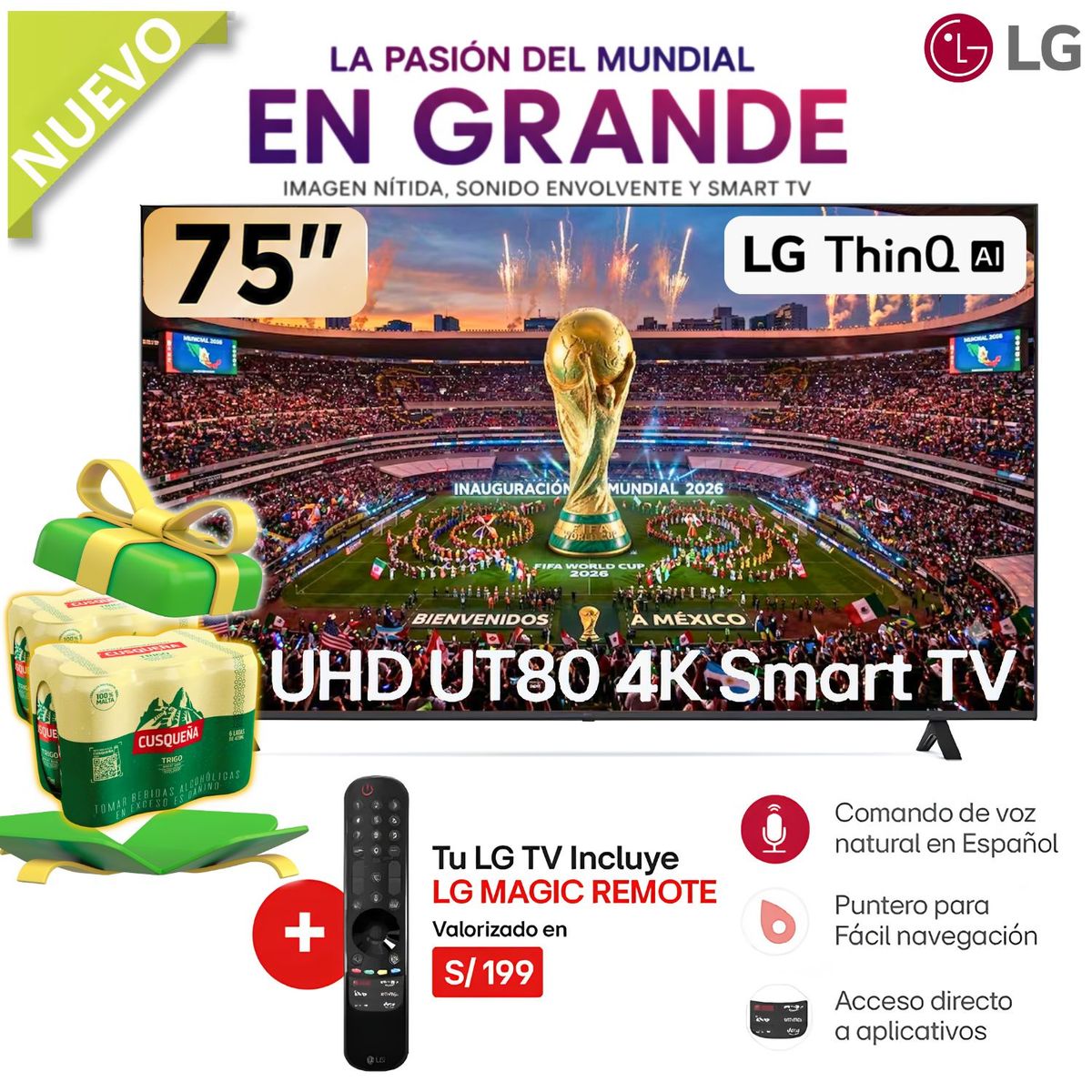 LG - TELEVISOR LG LED 4K ULTRA HD 75 SMART TV CON THINQ AI 75UT8050PSB + 2 SIXPACK Cuzqueña Trigo 473ml