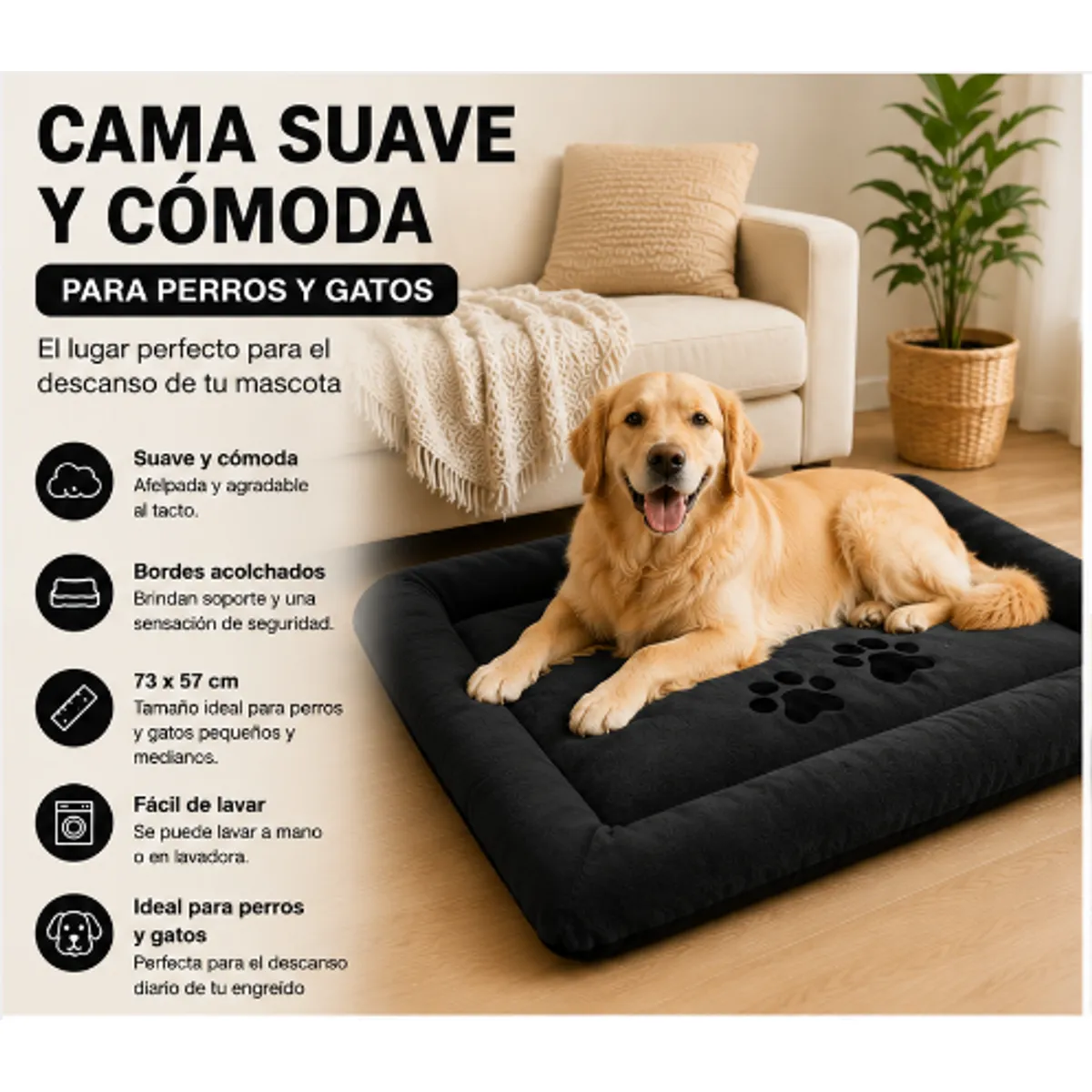 GENERICO - Colchoneta de Napa para Perros y Gatos - 73x57cm - COLOR NEGRO