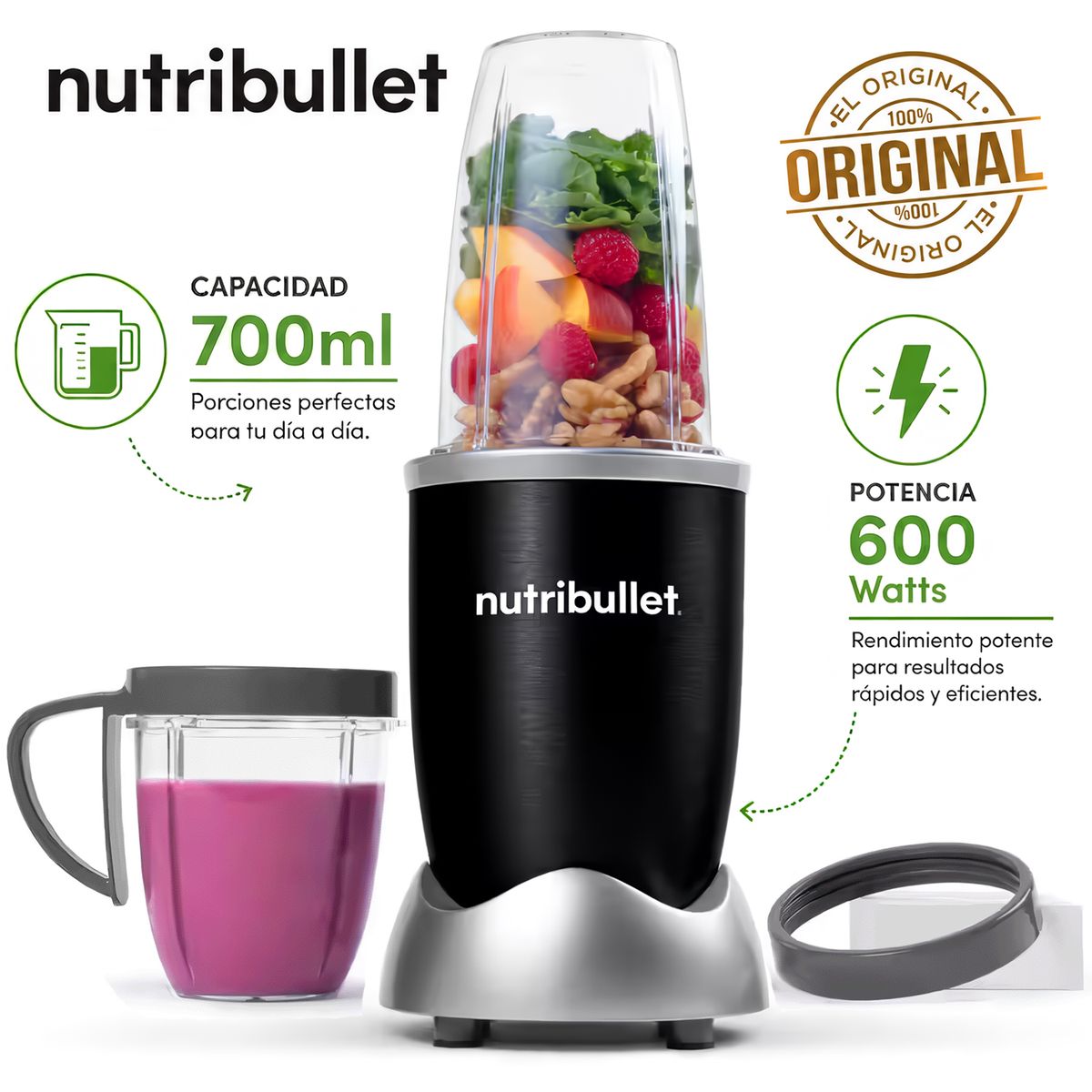 QUALITY PRODUCTS - Licuadora Portátil Nutribullet 600 para Smoothies y Batidos 700ml Negro