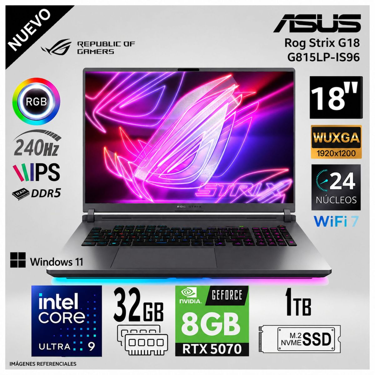 ASUS - Laptop Asus Rog Strix G18 G815LP-IS96 Intel Core Ultra 9 32GB RAM 1TB SSD NVIDIA RTX 5070 8GB 18" WQXGA - Windows 11