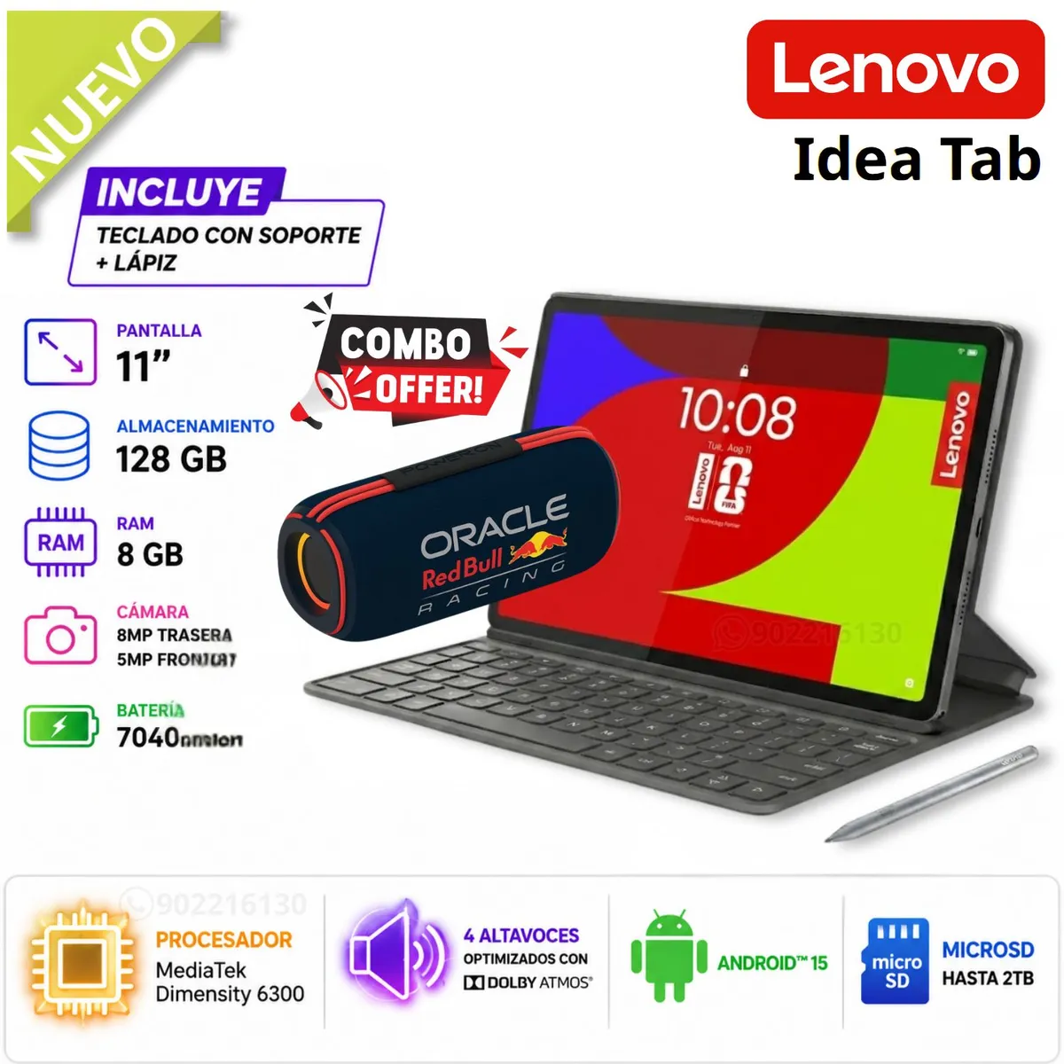 LENOVO - Tablet Lenovo Idea Tab 11" 2.5K MediaTek Dimensity 6300 8GB RAM 128GB - TB336FU + Parlante RED BULL
