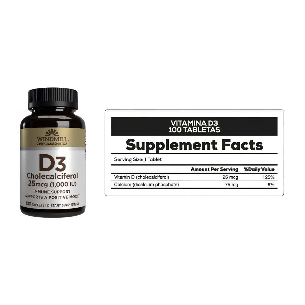 WINDMILL - Vitamina D3 WINDMILL 25 mcg (1000IU) - 100 Tabletas
