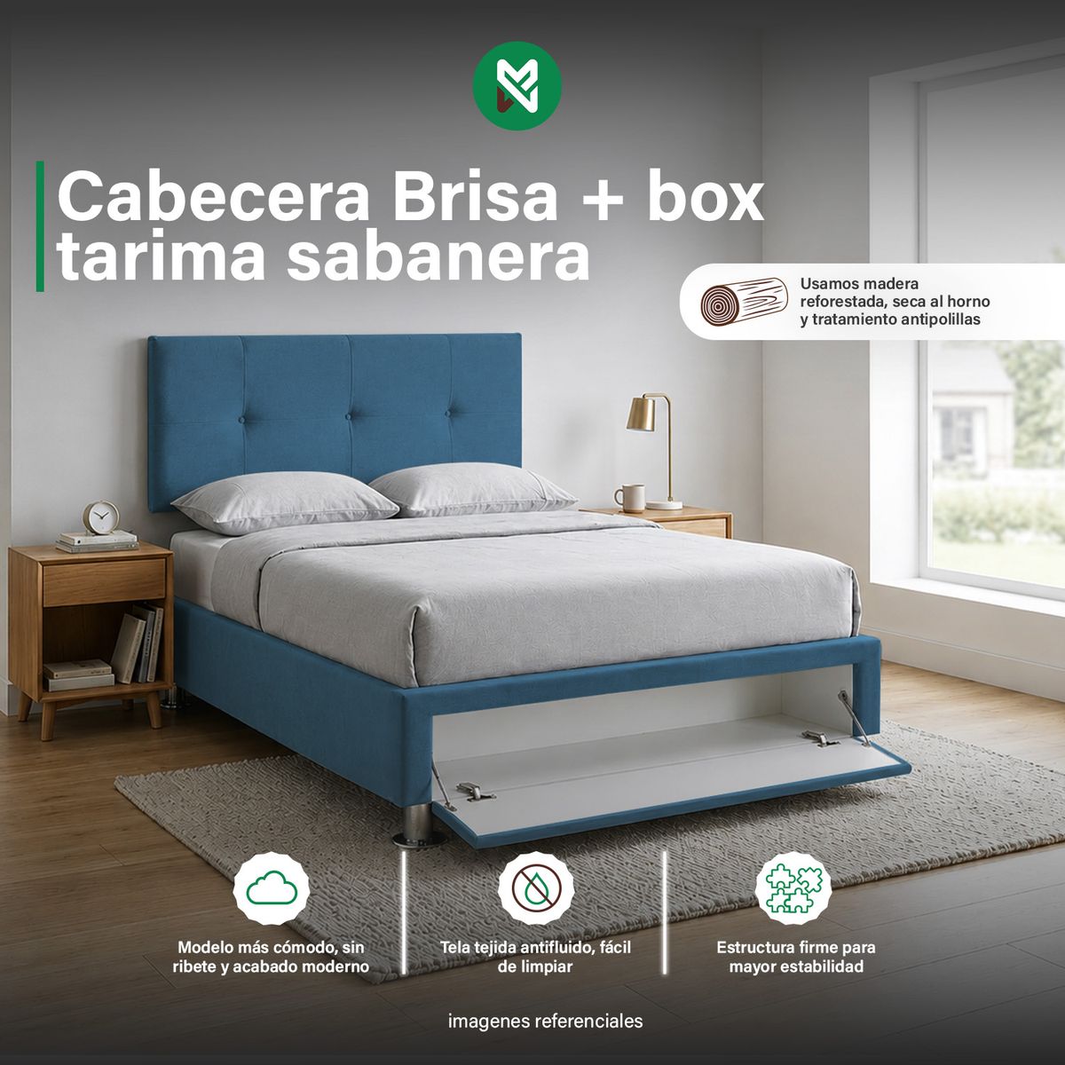 MUEBLES MACRUMO - Cama tapizada Brisa con sabanera - 1.5 Plz - Color Turquesa