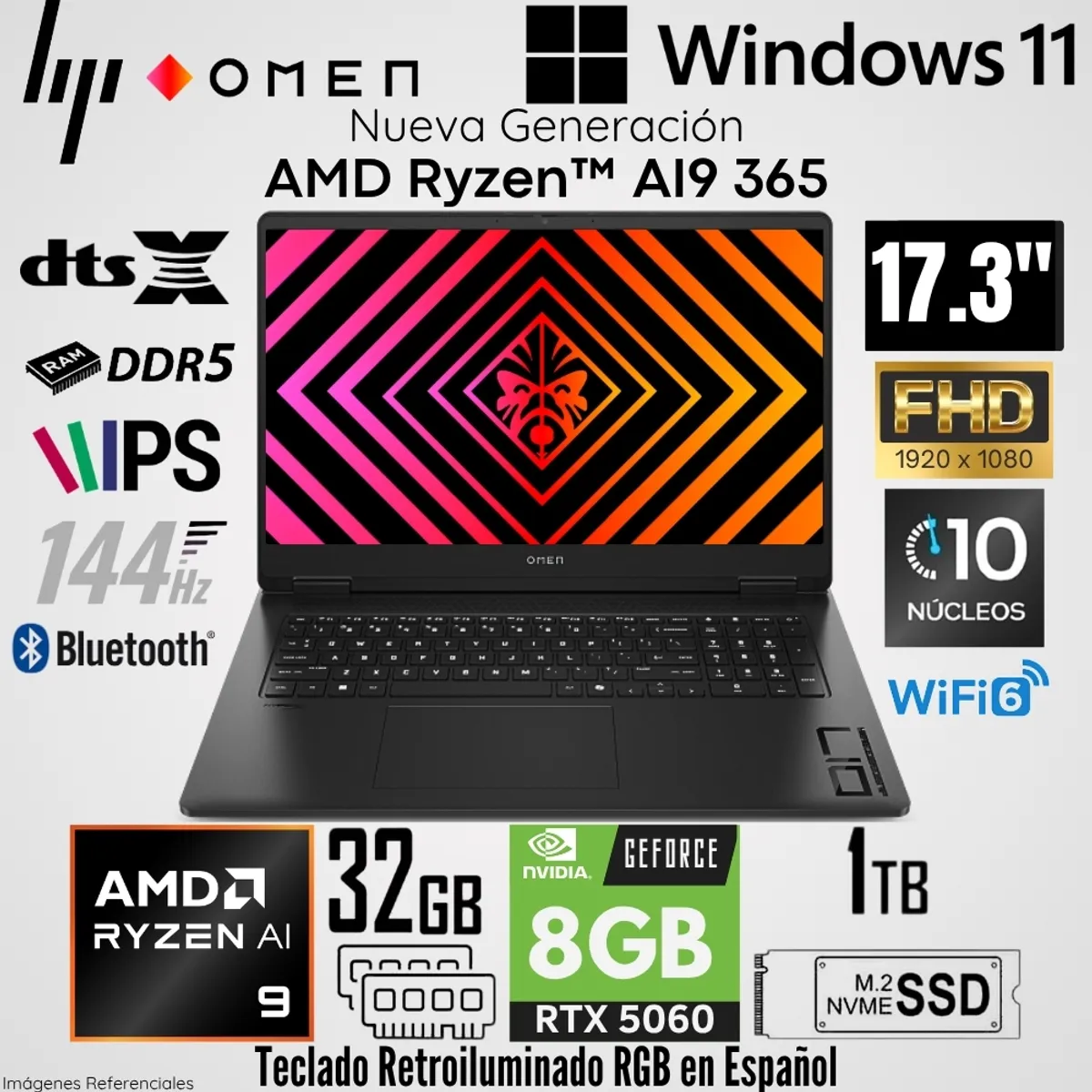 HP - Laptop HP Gaming OMEN 17-DB1002LA AMD Ryzen AI 9 365 32GB RAM 1TB SSD RTX 5060-8GB 17.3"  FHD 144 Hz
