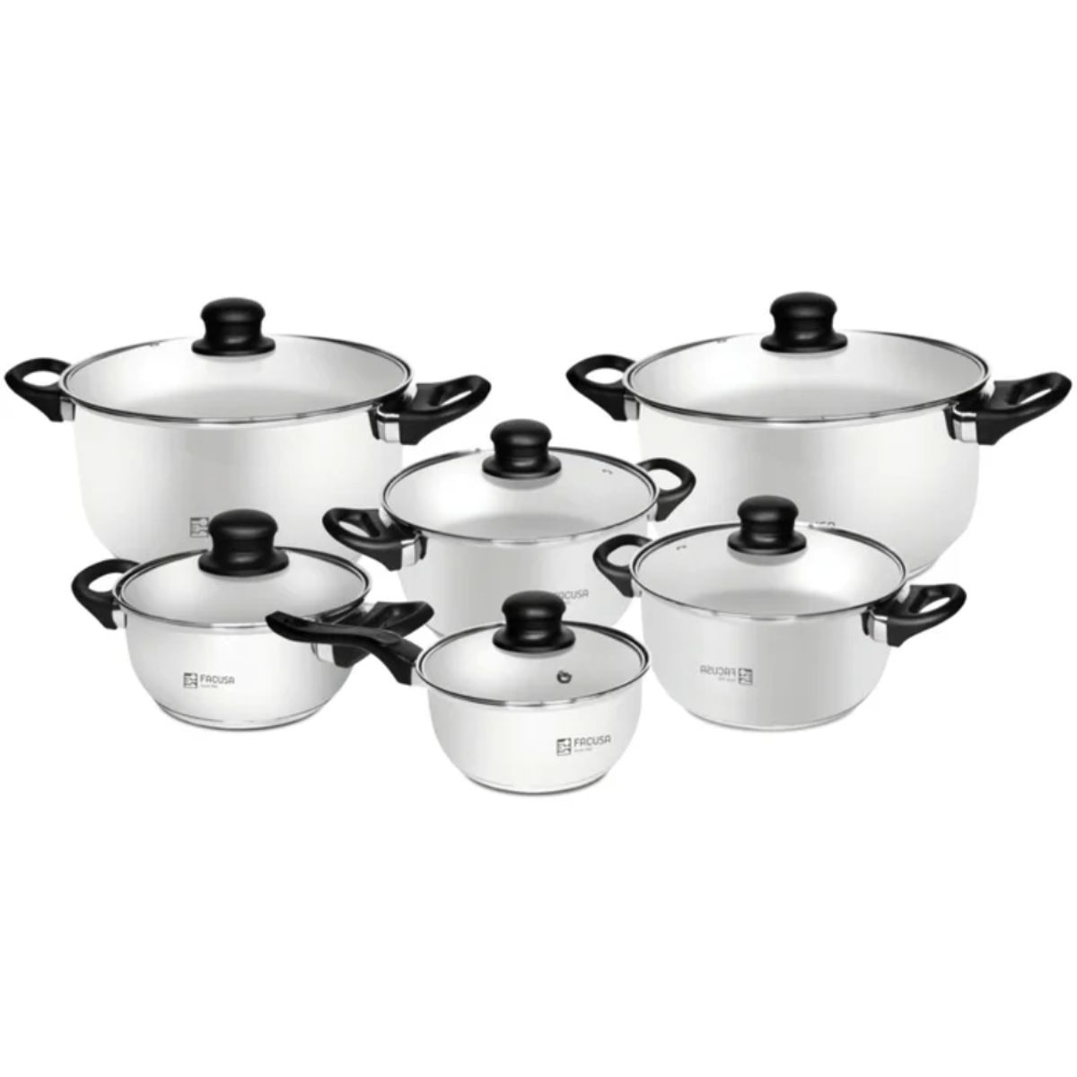 Set de Ollas Facusa Hogar 12 Piezas de acero inoxidable con tapas de vidrio, marca FACUSA - Foto Principal