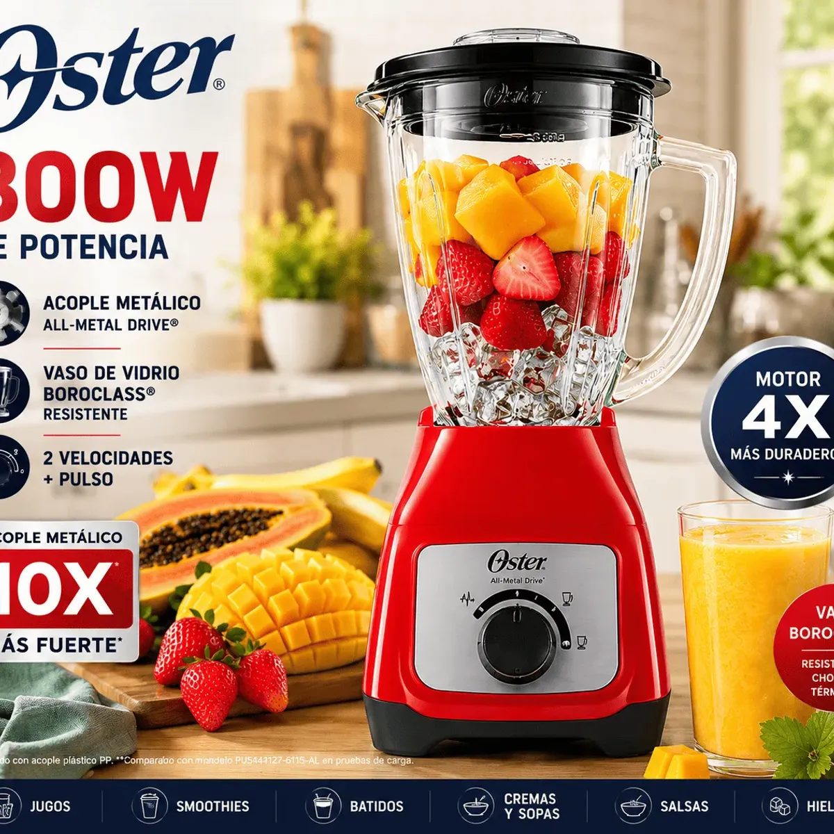 Licuadora Oster BLSTKAG-RRD 800W Vaso de Vidrio 1.5L Acople Metálico All-Metal Drive Roja, marca OSTER - Foto Principal