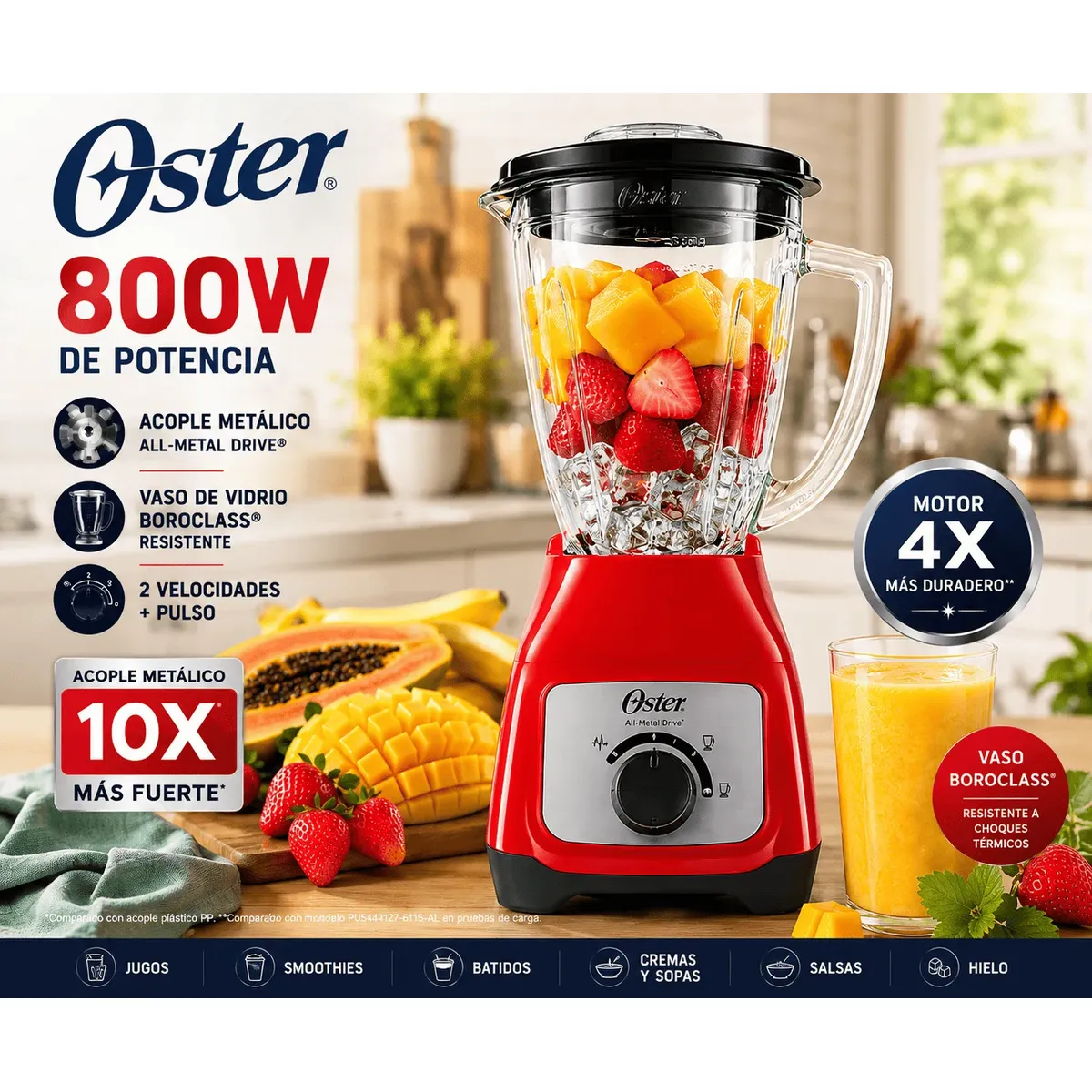 Licuadora Oster BLSTKAG-RRD 800W Vaso de Vidrio 1.5L Acople Metálico All-Metal Drive Roja, marca OSTER - Foto Principal