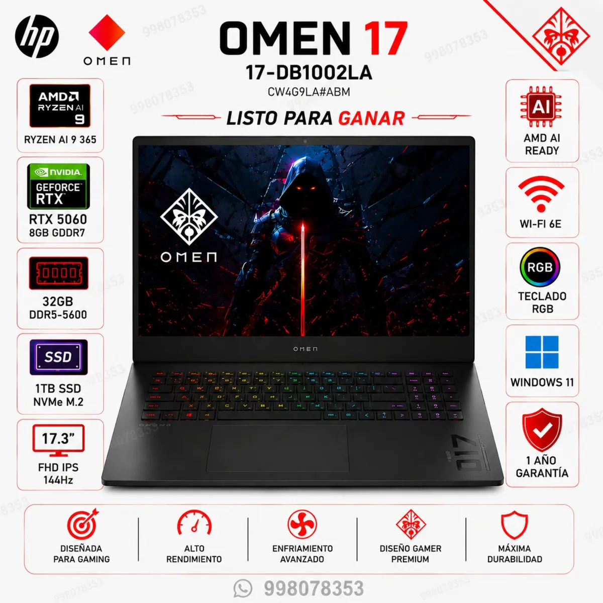 HP - Laptop HP OMEN 17-DB1002LA AMD Ryzen AI 9 365 32GB DDR5 1TB SSD RTX 5060 8GB 17.3″ FHD 144Hz