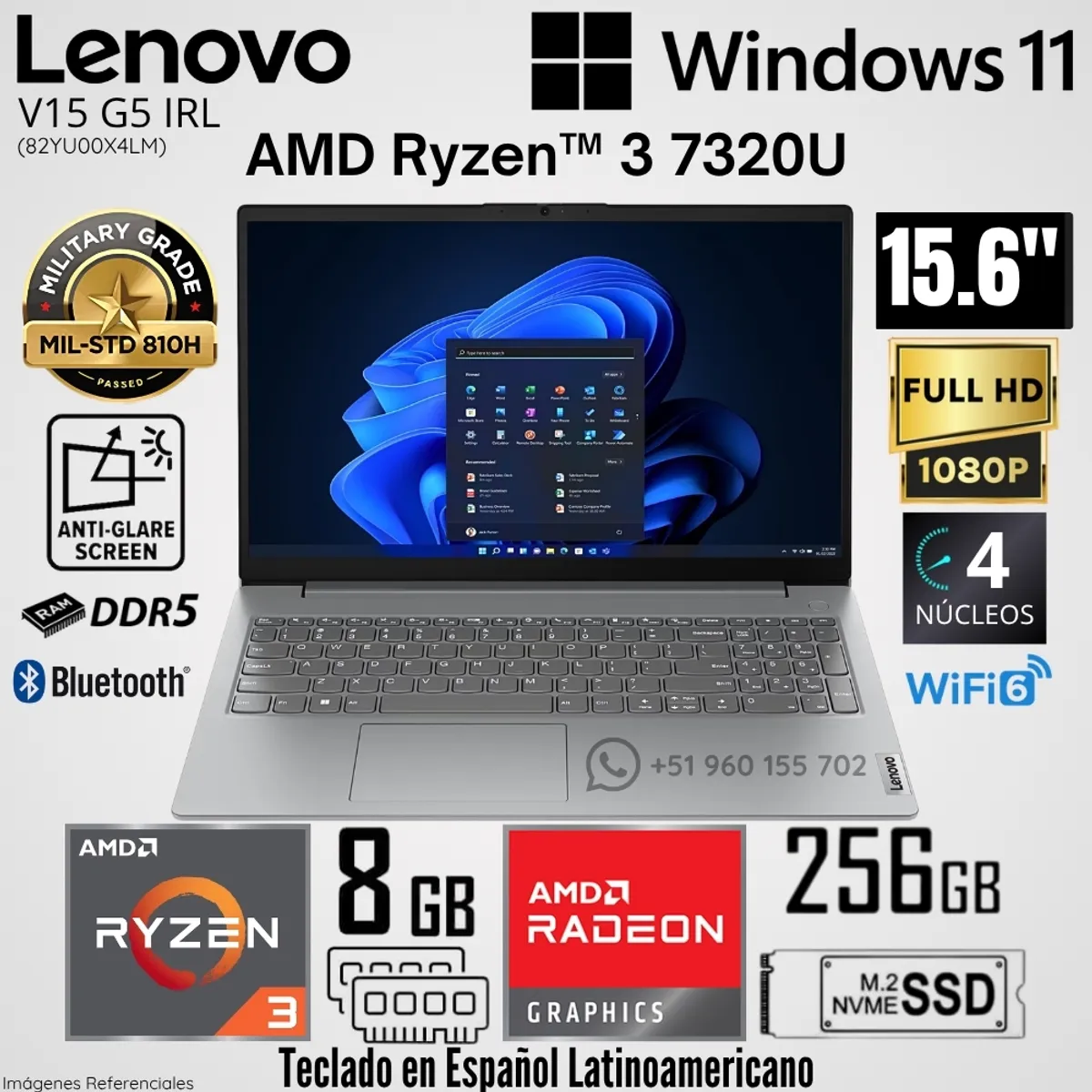 LENOVO - Laptop Lenovo V15 G4 AMN AMD Ryzen 3 7320U 8GB RAM 256GB SSD 15.6"  FHD Arctic Grey - 82YU00X4LM