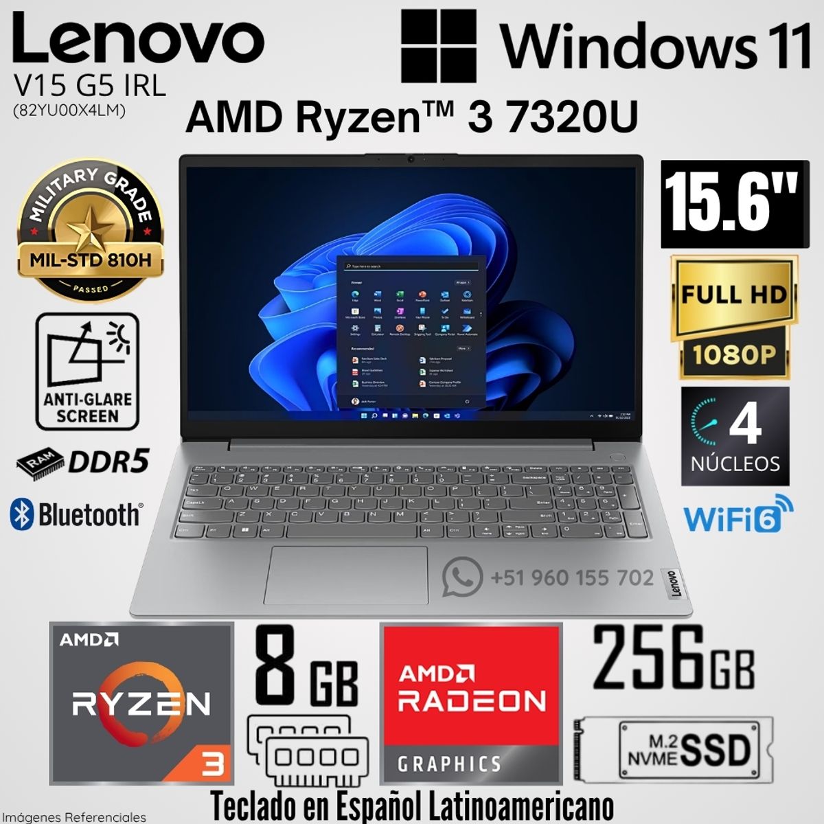 LENOVO - Laptop Lenovo V15 G4 AMN AMD Ryzen 3 7320U 8GB RAM 256GB SSD 15.6"  FHD Arctic Grey - 82YU00X4LM