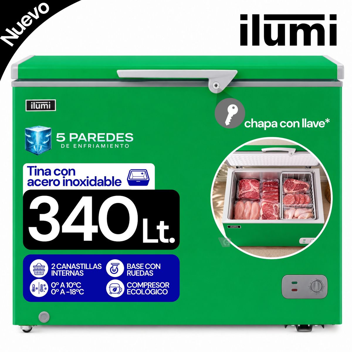 Ilumi - Congelador  Ilumi con Tina de Acero Inoxidable de 340 Litros TFI-3400GR Verde