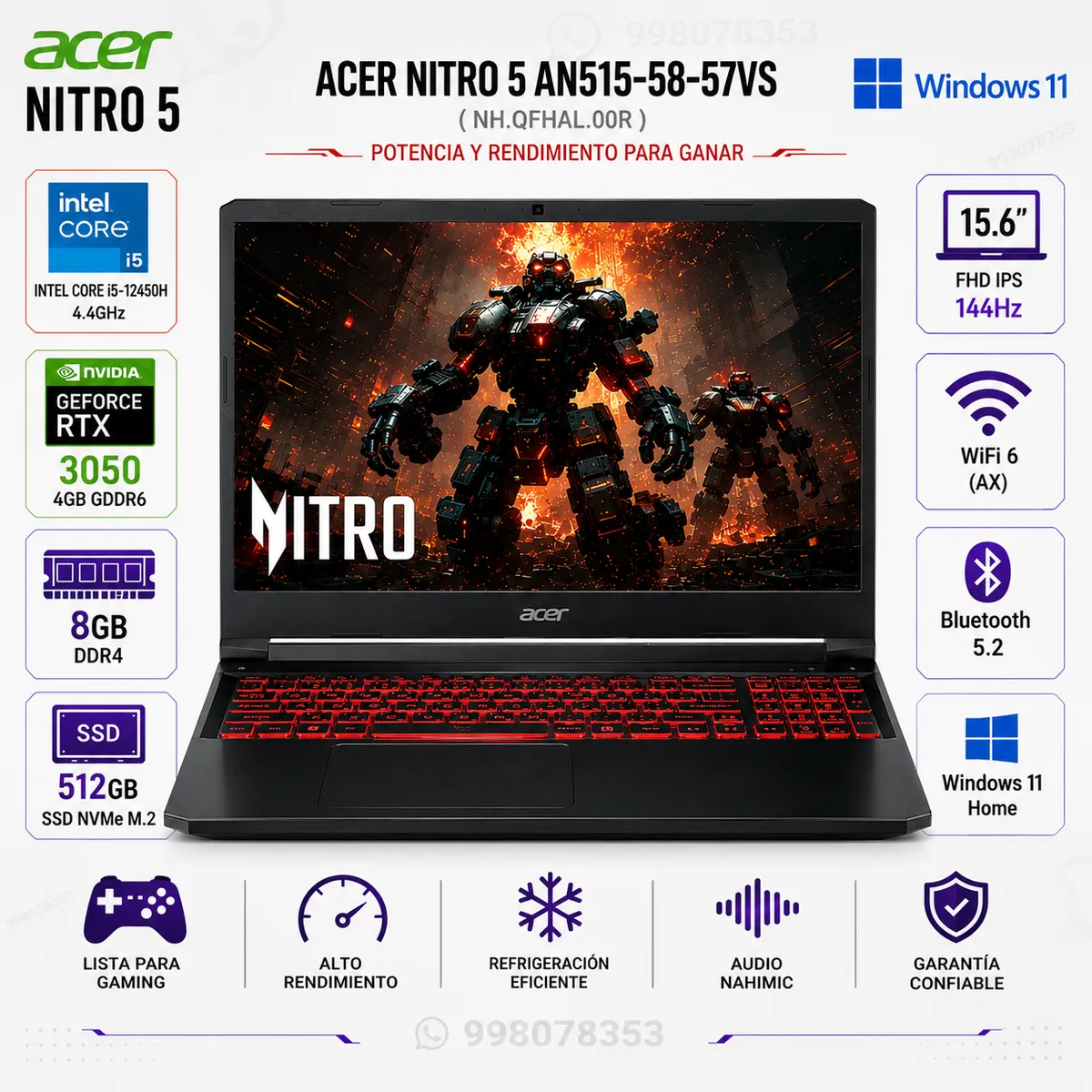 HP - LAPTOP ACER AN515-58-57VS INTEL CORE I5 12450H 8GB RAM 512GB SSD NVIDIA RTX 3050 4GB