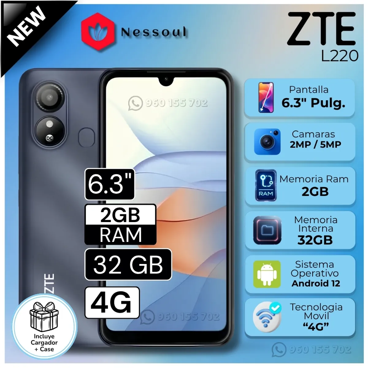 ZTE - Celular ZTE L220  6.3"  Pulg. 2GB RAM 3GB Android 12 Go Edition - Azul