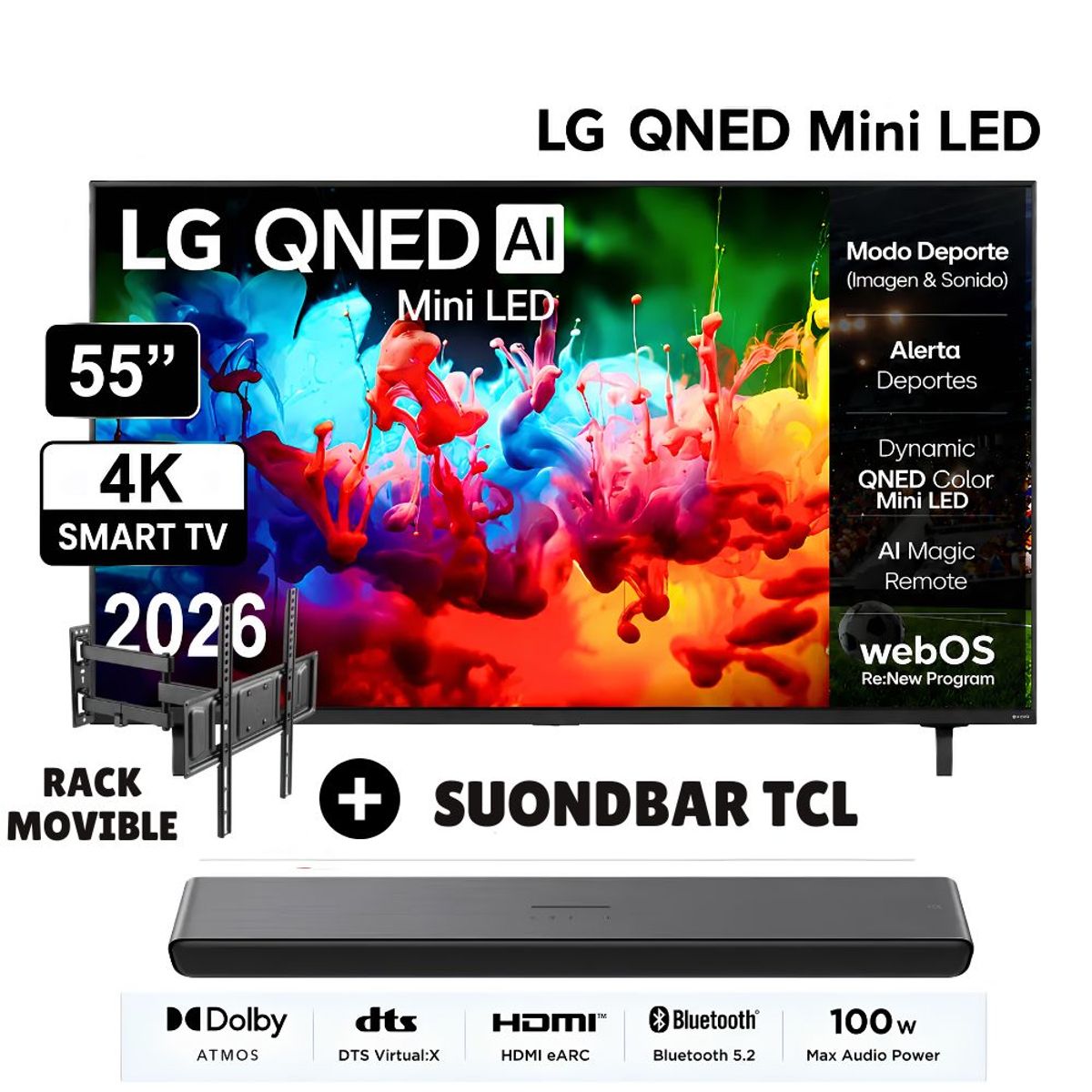 LG - Televisor LG   55" QNED MiniLED 4K ThinQ AI 55QNED65BSA -2026 + Soundbar TCL+ RACK