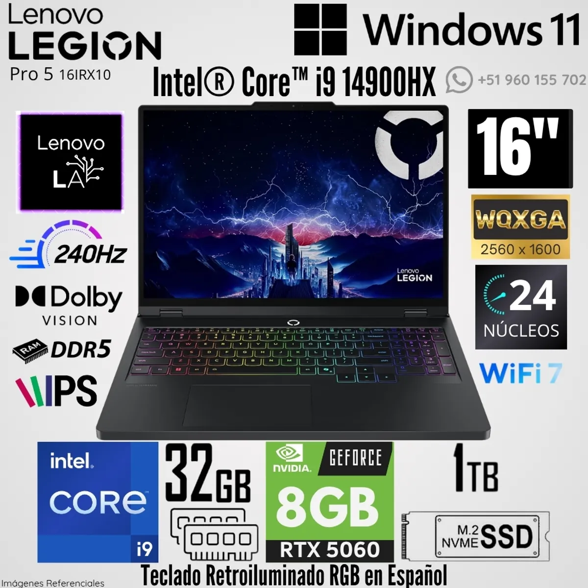 LENOVO - Laptop Lenovo Legion Pro 5 16IRX10 Intel Core i9-14900HX 32GB RAM 1TB SSD RTX 5060-8GB 16"  WQXGA
