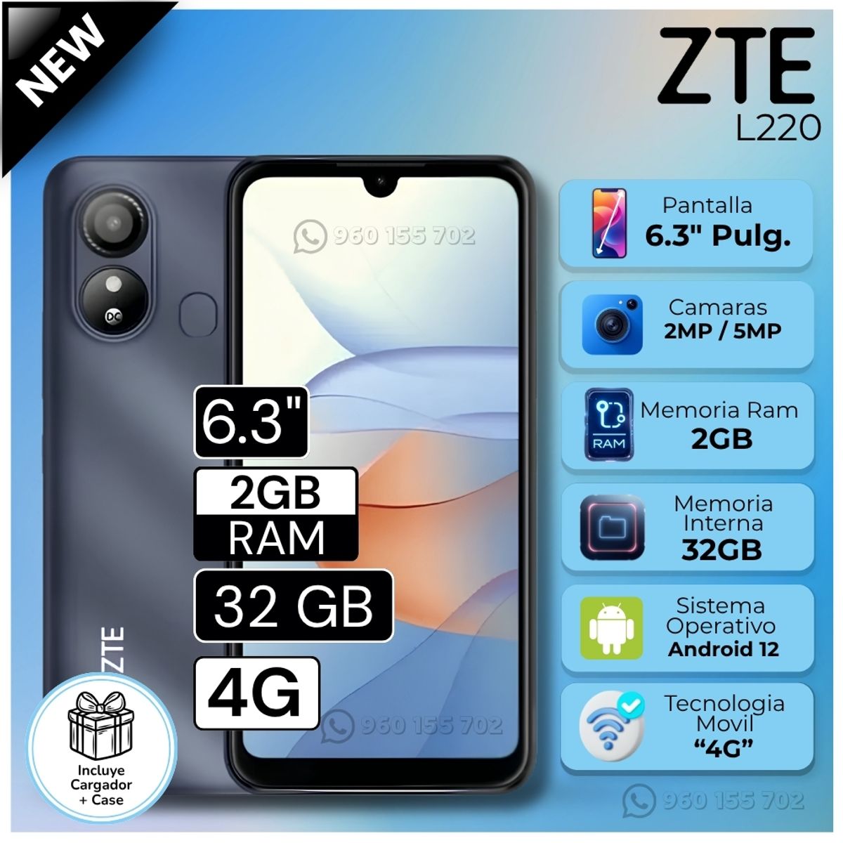 ZTE - Celular ZTE L220 6.56"  Pulg. 2GB RAM 32GB Android 13 - Azul