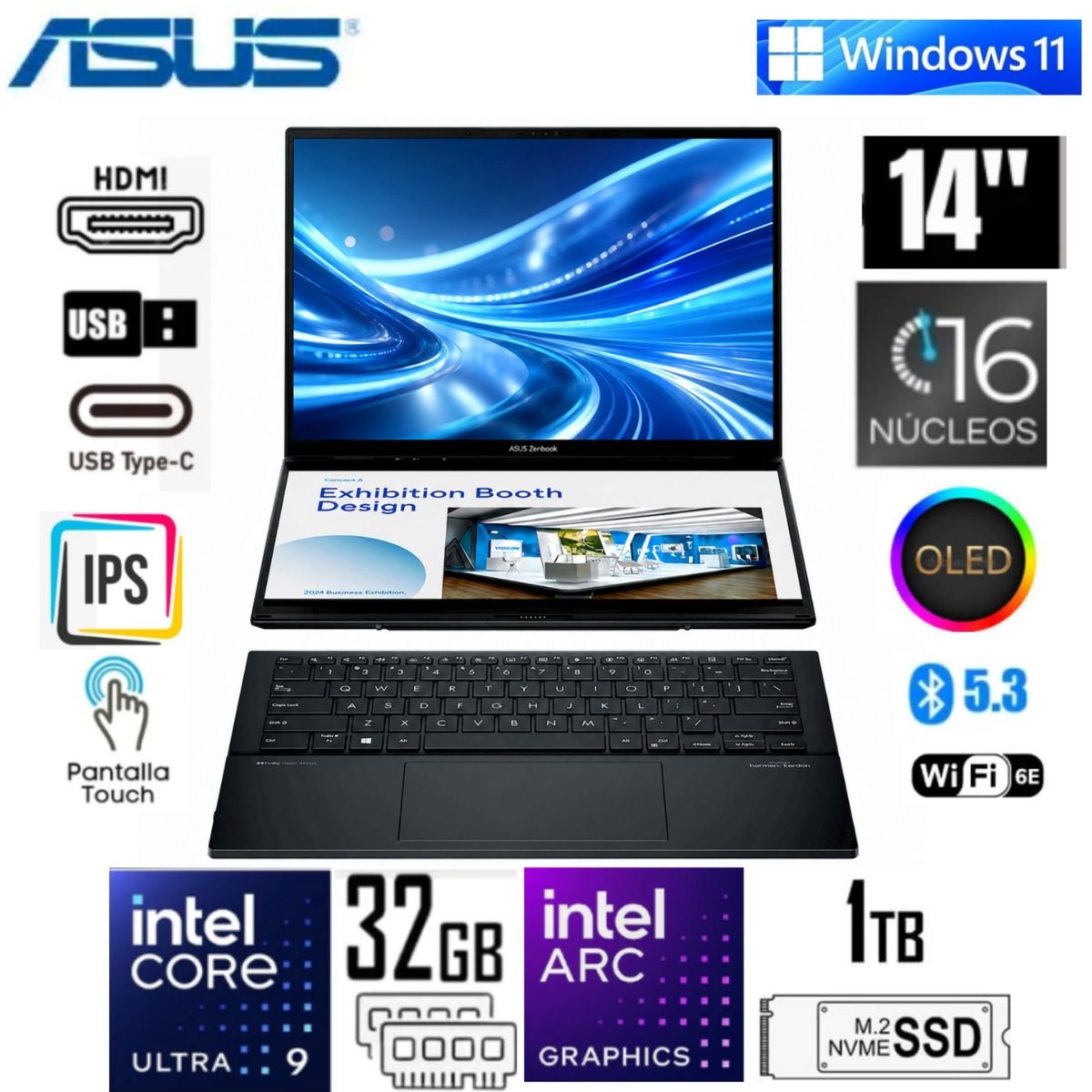 ASUS - Laptop ASUS Zenbook DUO 14″ 3K OLED Touch UX8406CA-PZ073W Intel Core Ultra 9 32GB RAM 1TB  Gris W11