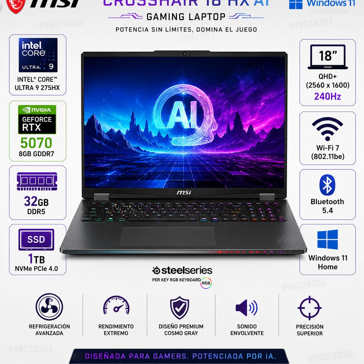 Msi - Laptop MSI Crosshair 18 HX AI 2XWGKG-012US 18″ QHD+ 240Hz Core Ultra 9 RTX 5070 32GB 1TB SSD