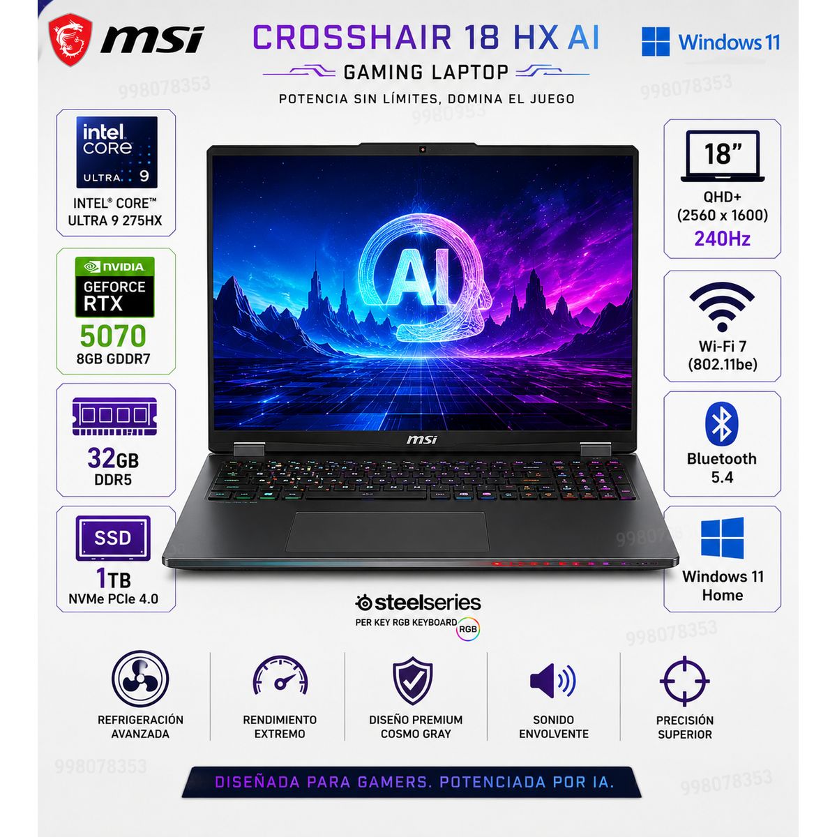 Msi - Laptop MSI Crosshair 18 HX AI 2XWGKG-012US 18″ QHD+ 240Hz Core Ultra 9 RTX 5070 32GB 1TB SSD