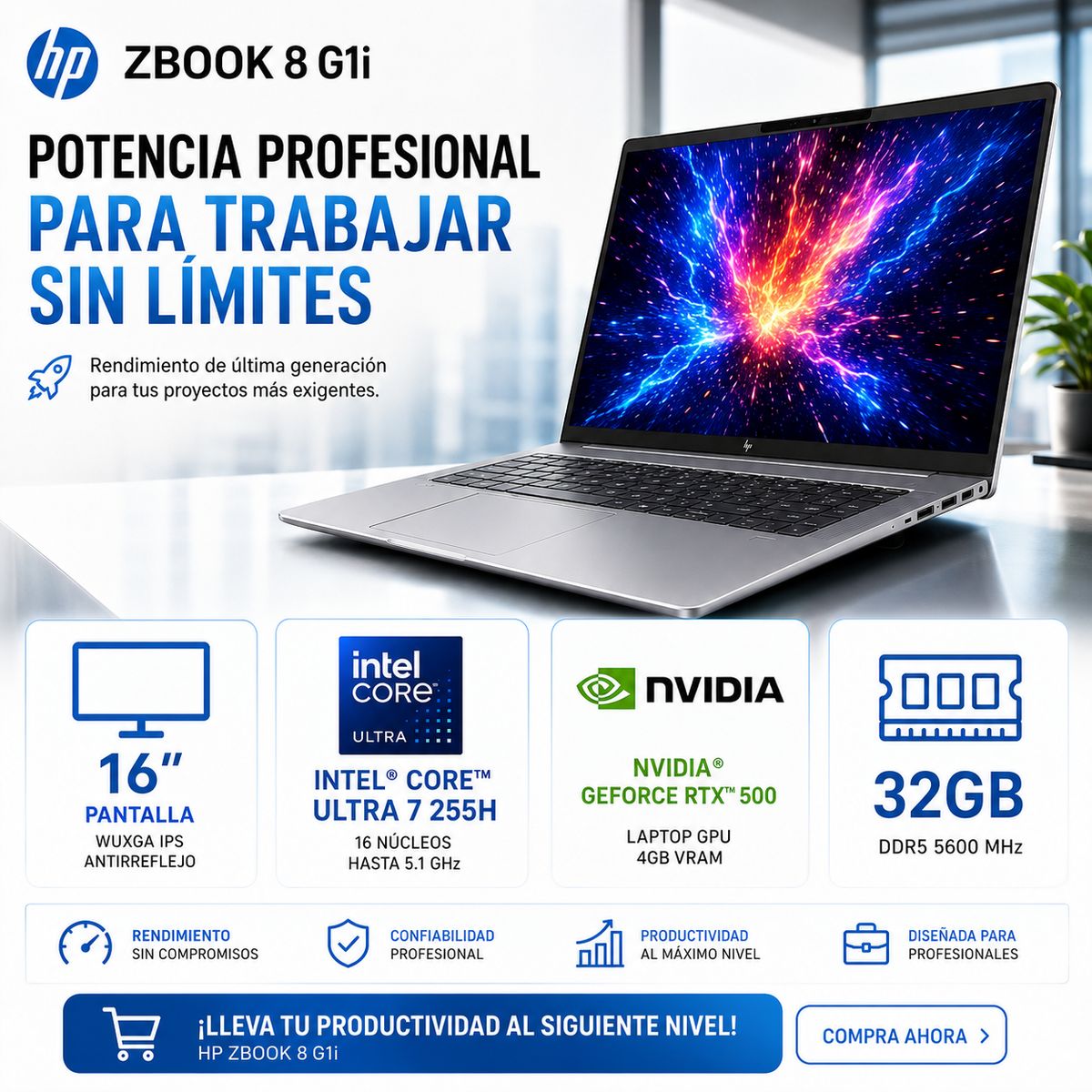 HP - Laptop Workstation HP ZBook 8 G1i NVIDIA GeForce RTX 500 4GB VRAM Intel Core Ultra 7 255H 32GB DDR5 1TB SSD 16″ WUXGA